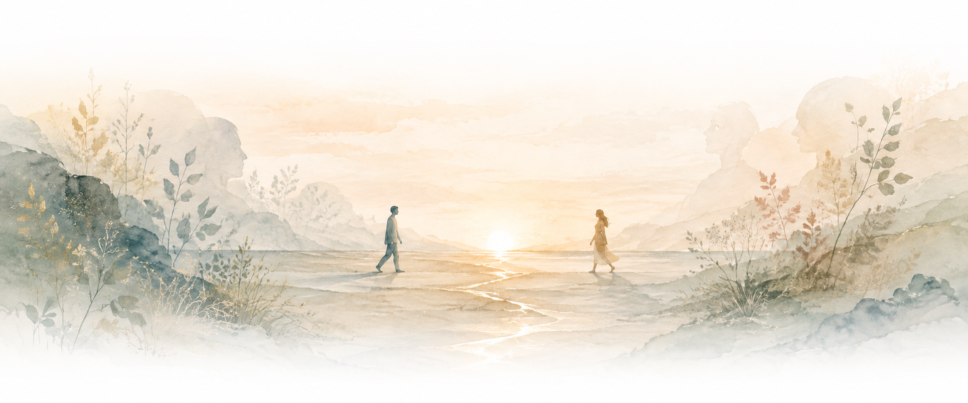 Soft watercolour landscape at dawn, with two people walking towards each other across a field crossed by a line of light, framed by plants and faint human profiles.