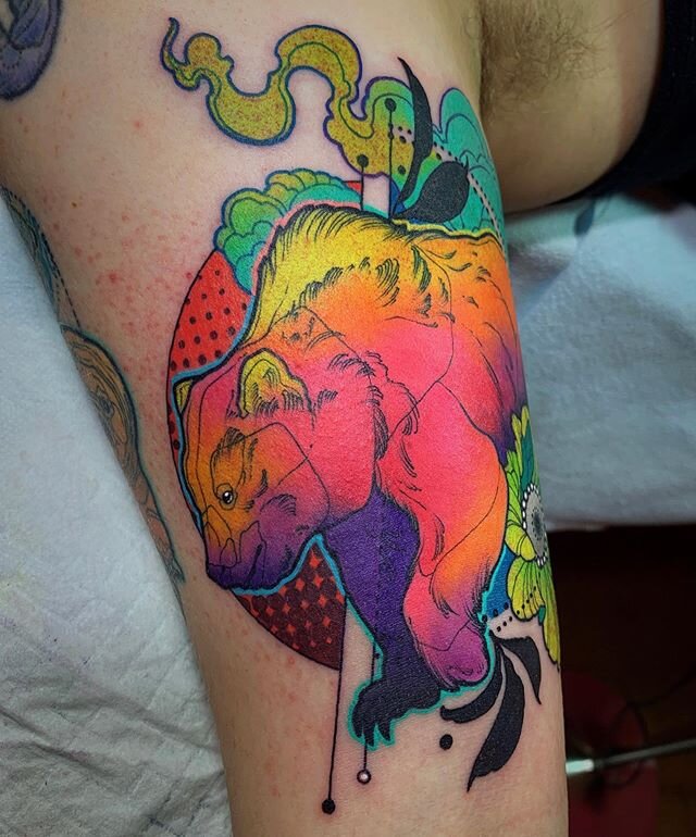 🌈 🐻 from brighter days, for the lovely Paige. I can&rsquo;t wait to tattoo again. @cheyenne_tattooequipment @eternalink @hushanesthetic @redemptiontattoocare @stencilstuff @quickcaps #beartattoo #animaltattoo