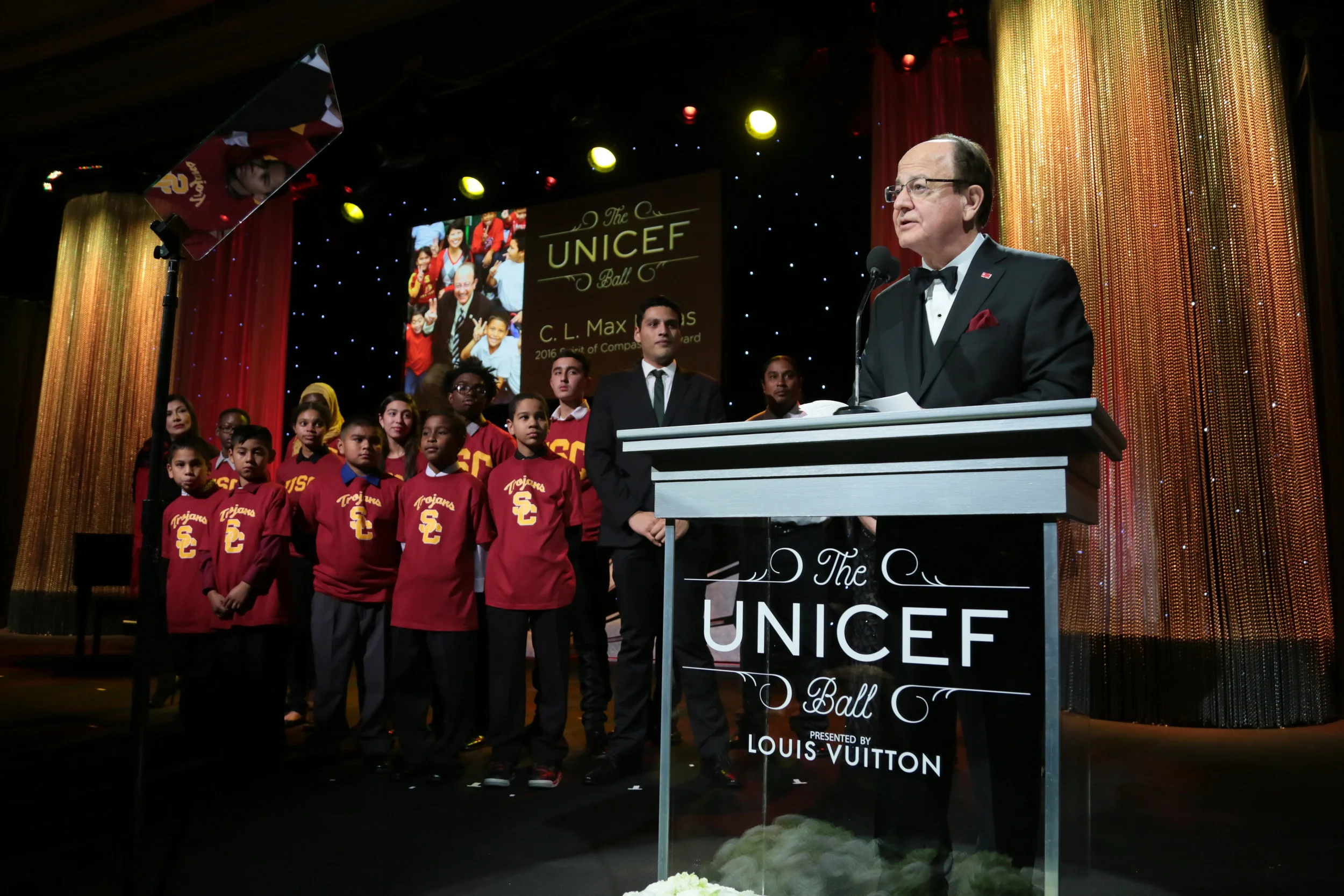 University of Southern California President, C. L. Max Nikias, accept the Spirit of Compassion Award at the 2016 UNICEF Ball
