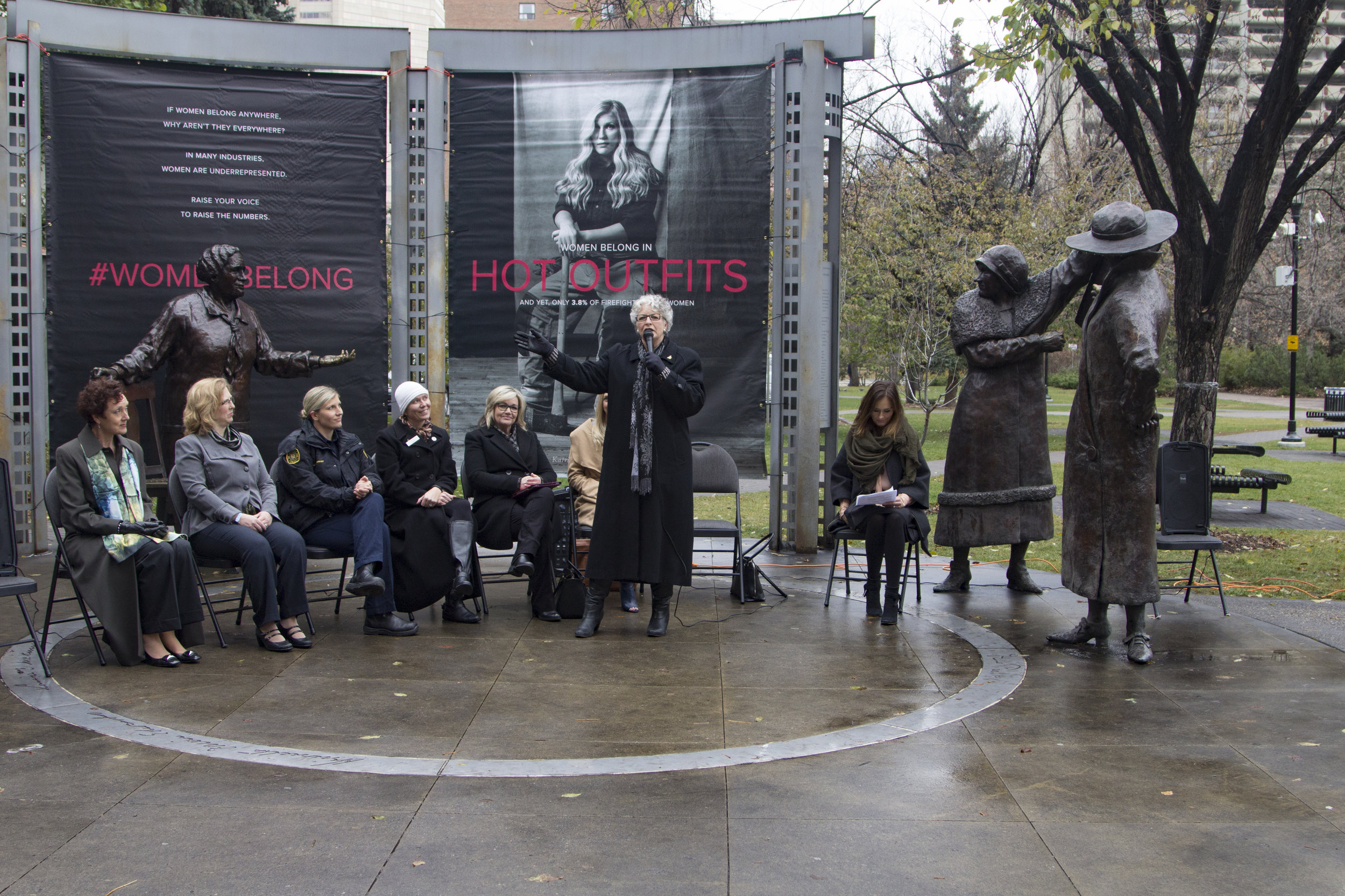 Frances Wright, founder of the Famous 5 Foundation addresses the group at the Persons Day event at Olympic Plaza in Calgary on Oct 18, 2016