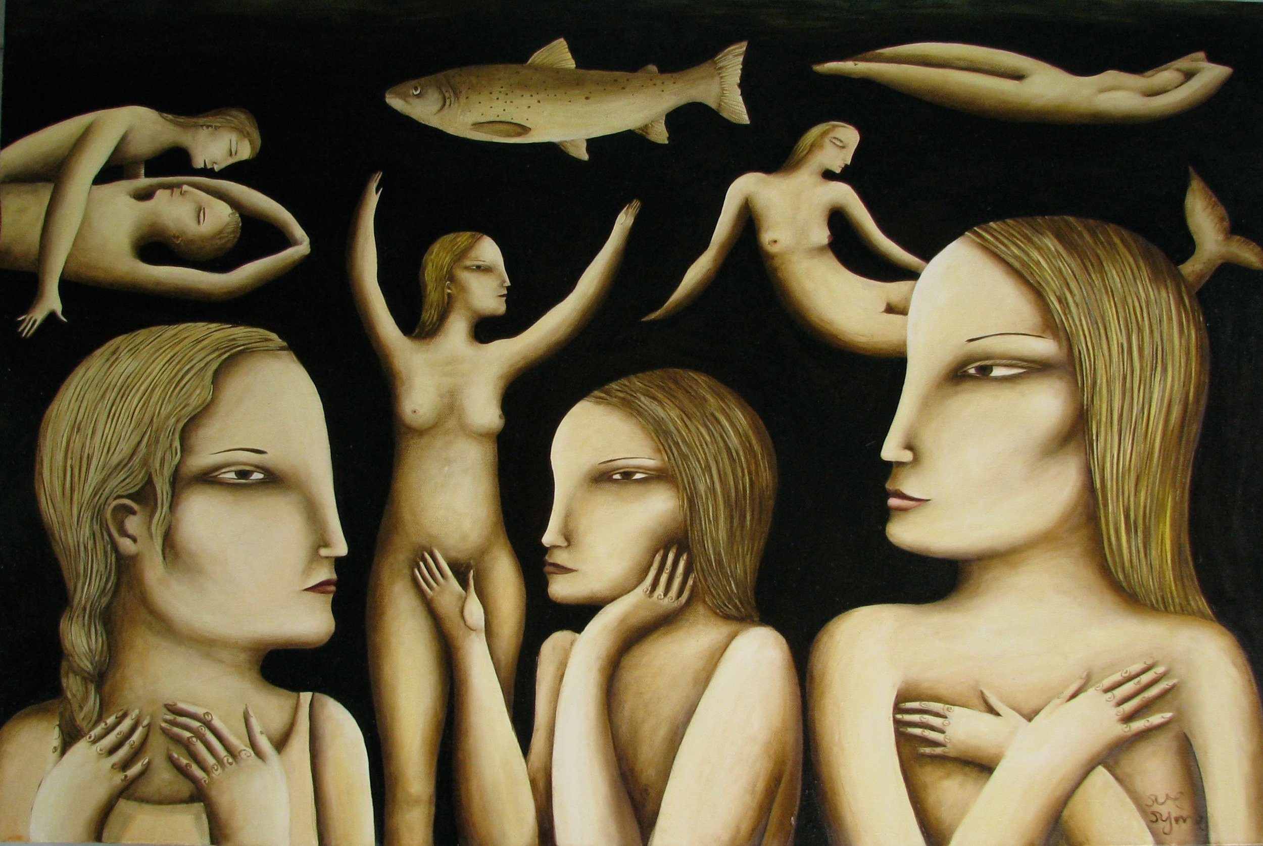 A surrealist painting featuring multiple female figures with long blonde hair and elongated faces, some appearing to be mermaids, surrounded by floating fish against a dark background.