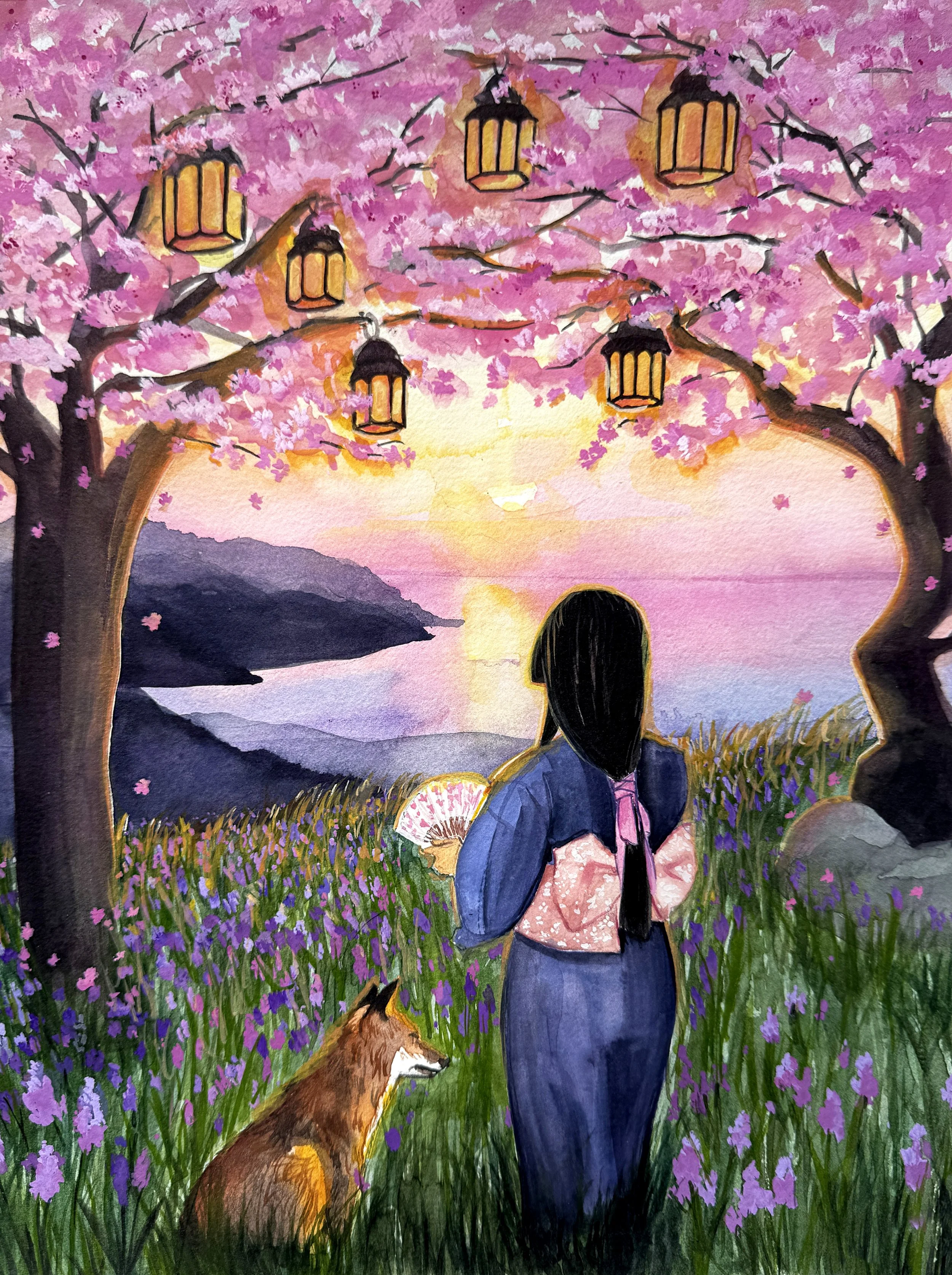 Deckled Edge Giclee Print | Sakura Sunset | Springtime Japanese Cherry Blossom Art in Japan | Watercolor