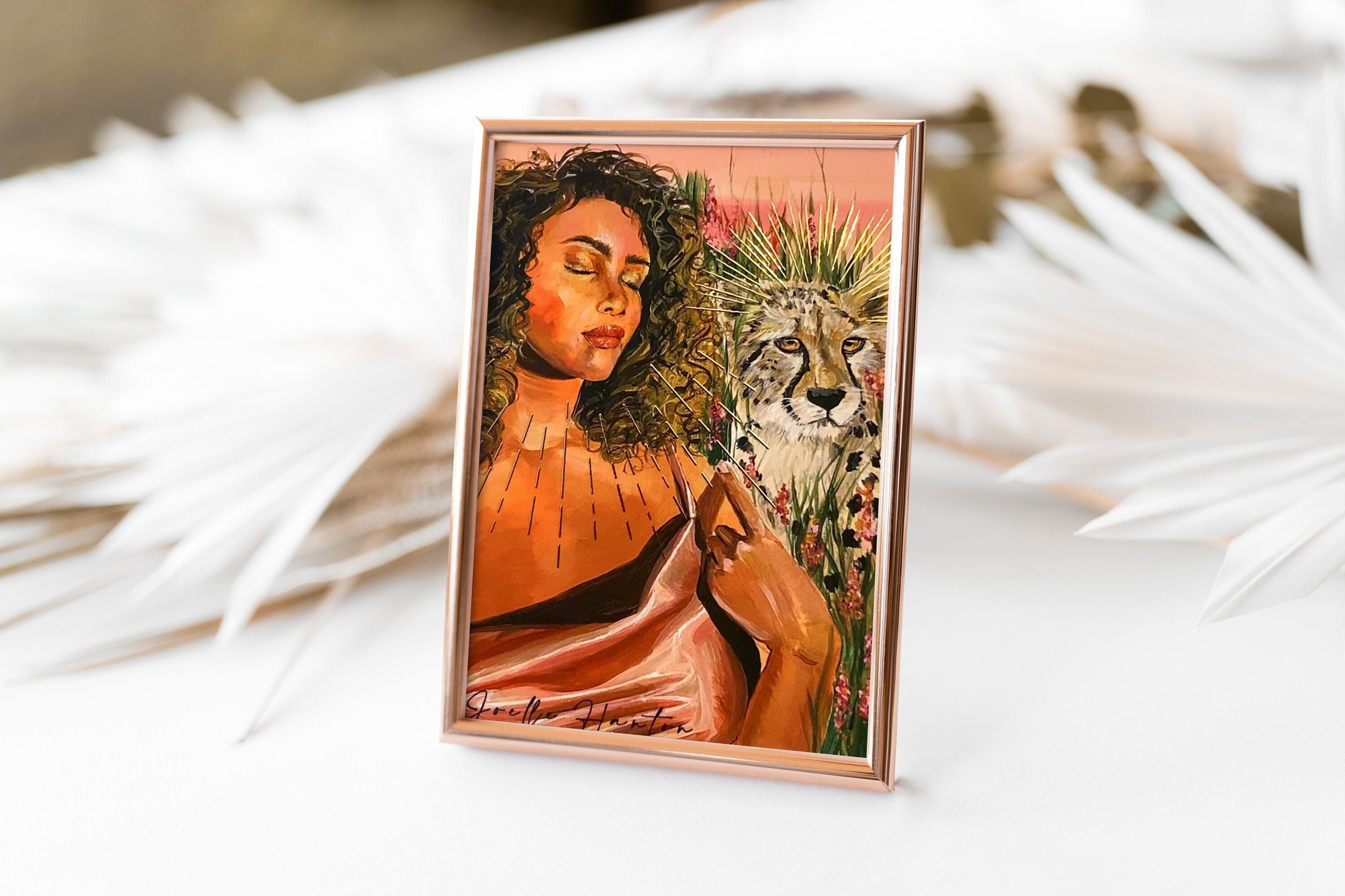 Gold Foil Art Print- Woman and Cheetah With Wild Flowers Acrylic Painting
