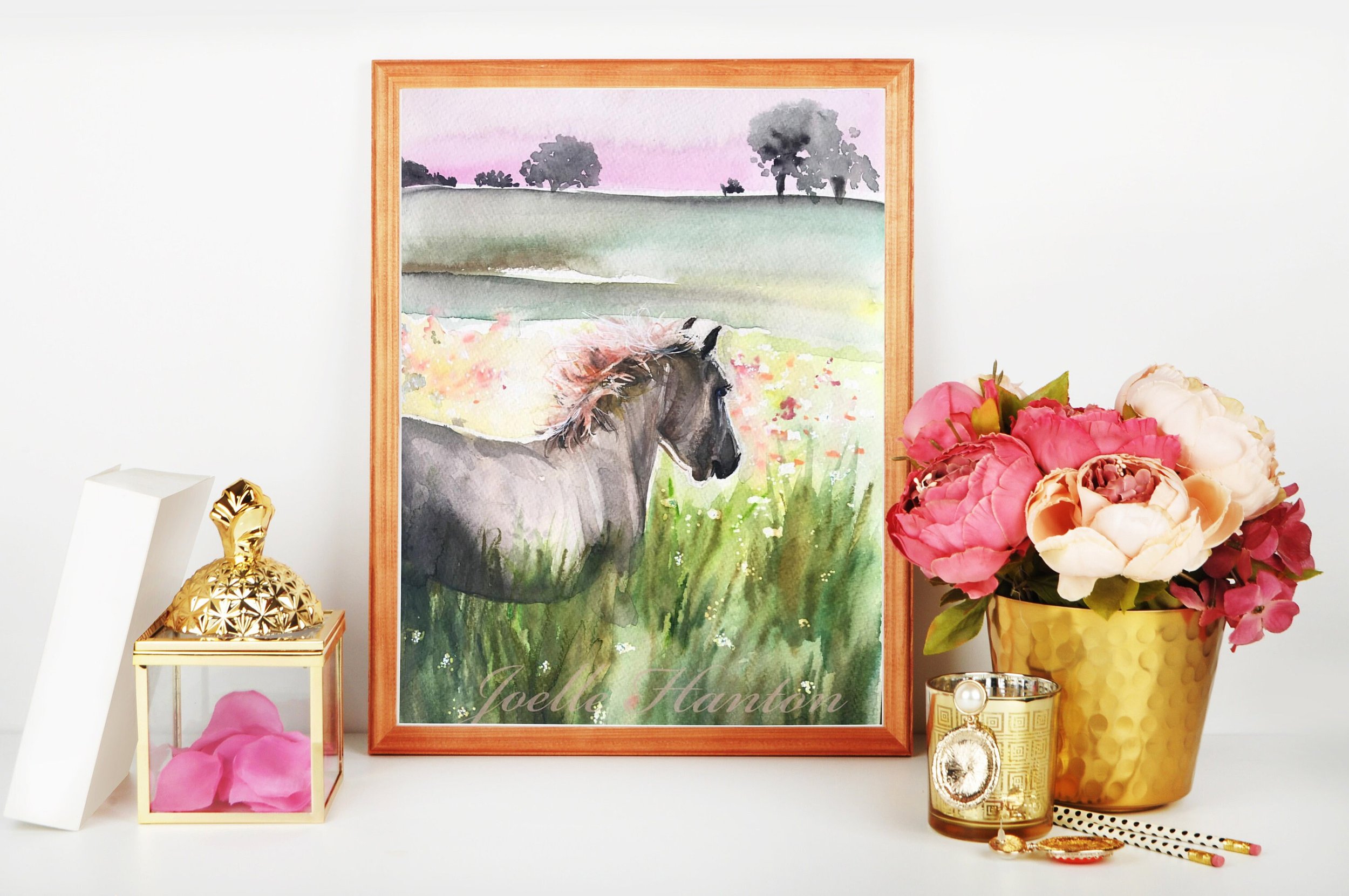 Giclee Print | Watercolor | Playful, pretty white horse pink sky