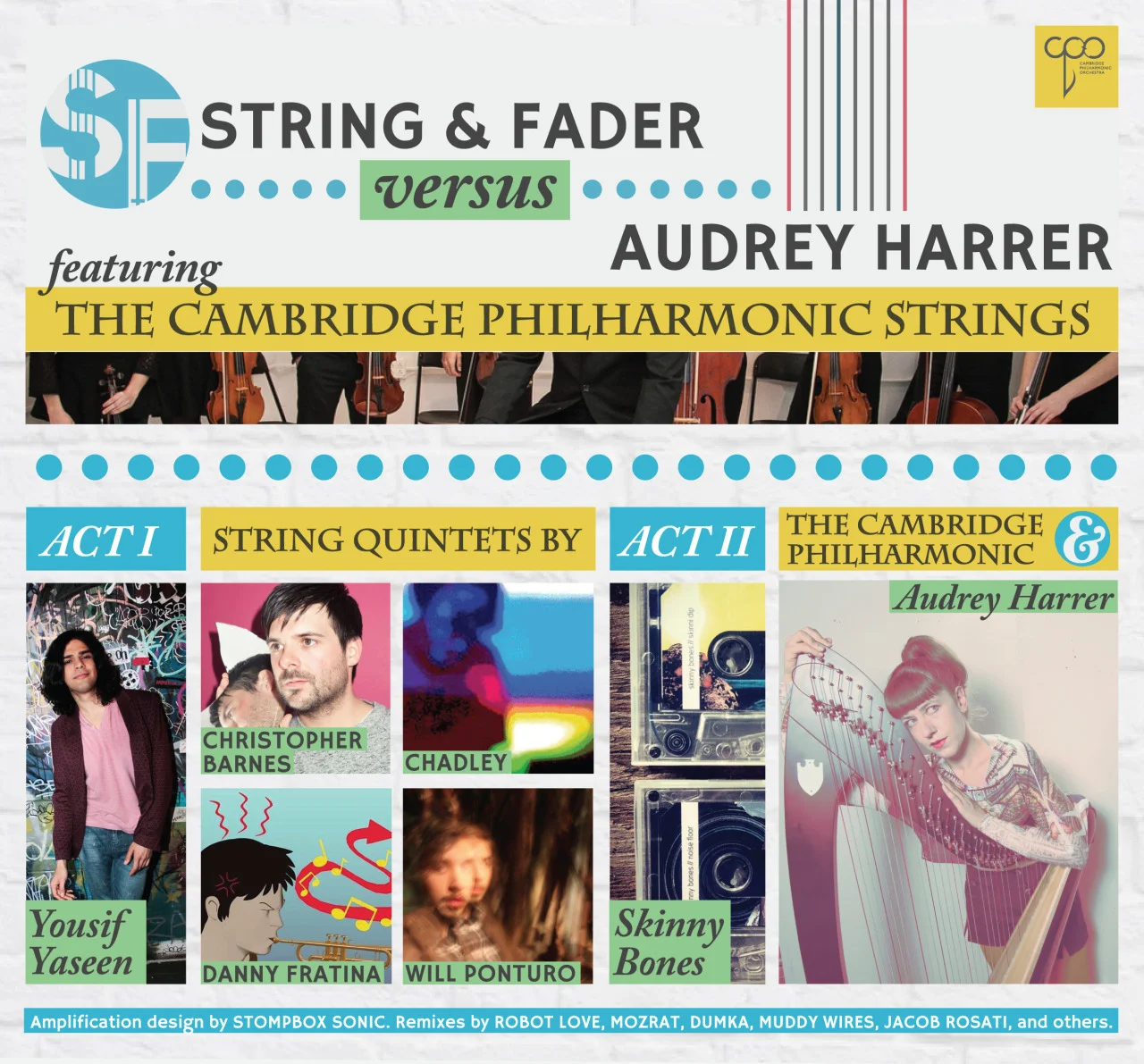 An eclectic night of electroacoustic chamber music, remixes, folktronica, and exotic ballads. Presented by String & Fader (remix collective/events/label) as part of their “Versus” series, Audrey Harrer performs her upcoming release Alphabet Rain in entirety, accompanied by a string quintet from the Cambridge Philharmonic . “Versus” is a remix/collaboration project resulting in a concert and free album on the String & Fader label, featuring remixes of songs off Alphabet Rain by electronic music artists Robot Love , Mozrat , Dumka , Muddy Wires , Jacob Rosati , and others. The evening will open with a short acoustic performance by Kuwaiti singer/songwriter Yousif Yaseen , followed by Cambridge Philharmonic readings of string quintet works by Christopher Barnes ( Gem Club ), Chadley ( String & Fader ), Danny Fratina ( Beantown Swing Orchestra ), and Will Ponturo . Local folktronica duo Skinny Bones will play a few of their dreamy, melodic song collages, all leading up to Audrey’s performance. Remixes will be played between sets. Amplification design by Stompbox Sonic.
