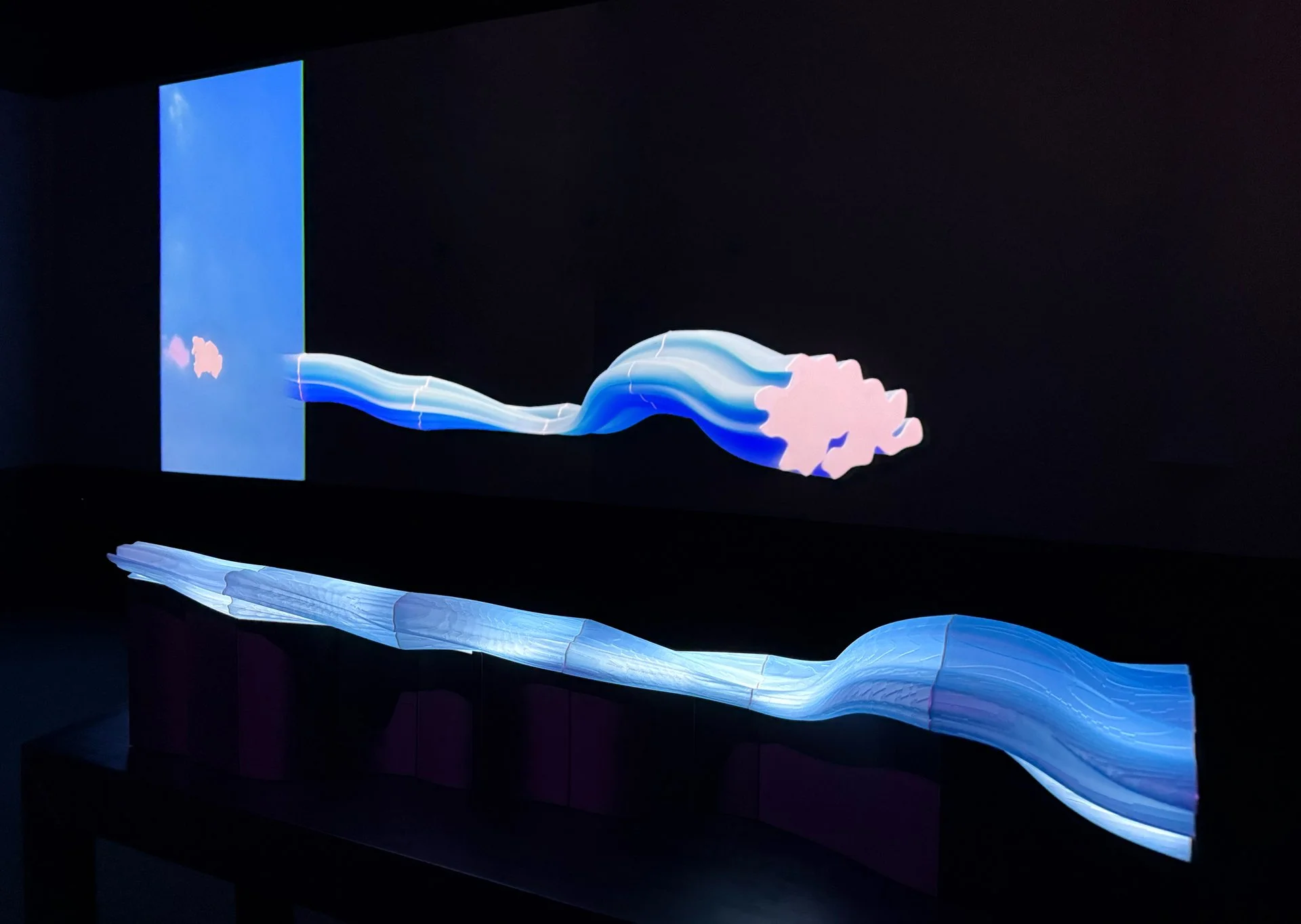 Cloud Passage illuminated 3D-printed PLA sculpture with projected time-based media, Lucid Voxelations exhibition, installation view, 2025.