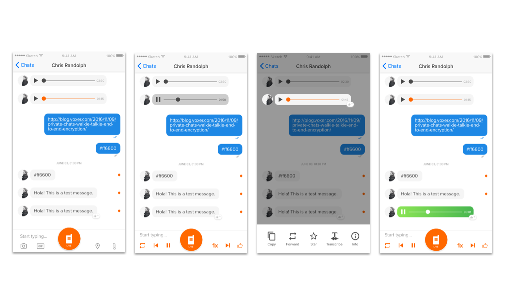 These images show the different audio states for receiving an audio message. Unheard, playing, long-press unheard, and receiving live audio.