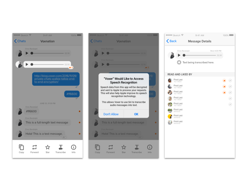 These screens show how one could go through the flow to transcribe an audio message into text.