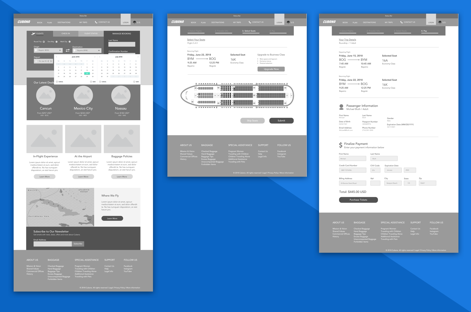 Selection of Wireframes for Cubana's Desktop Prototype