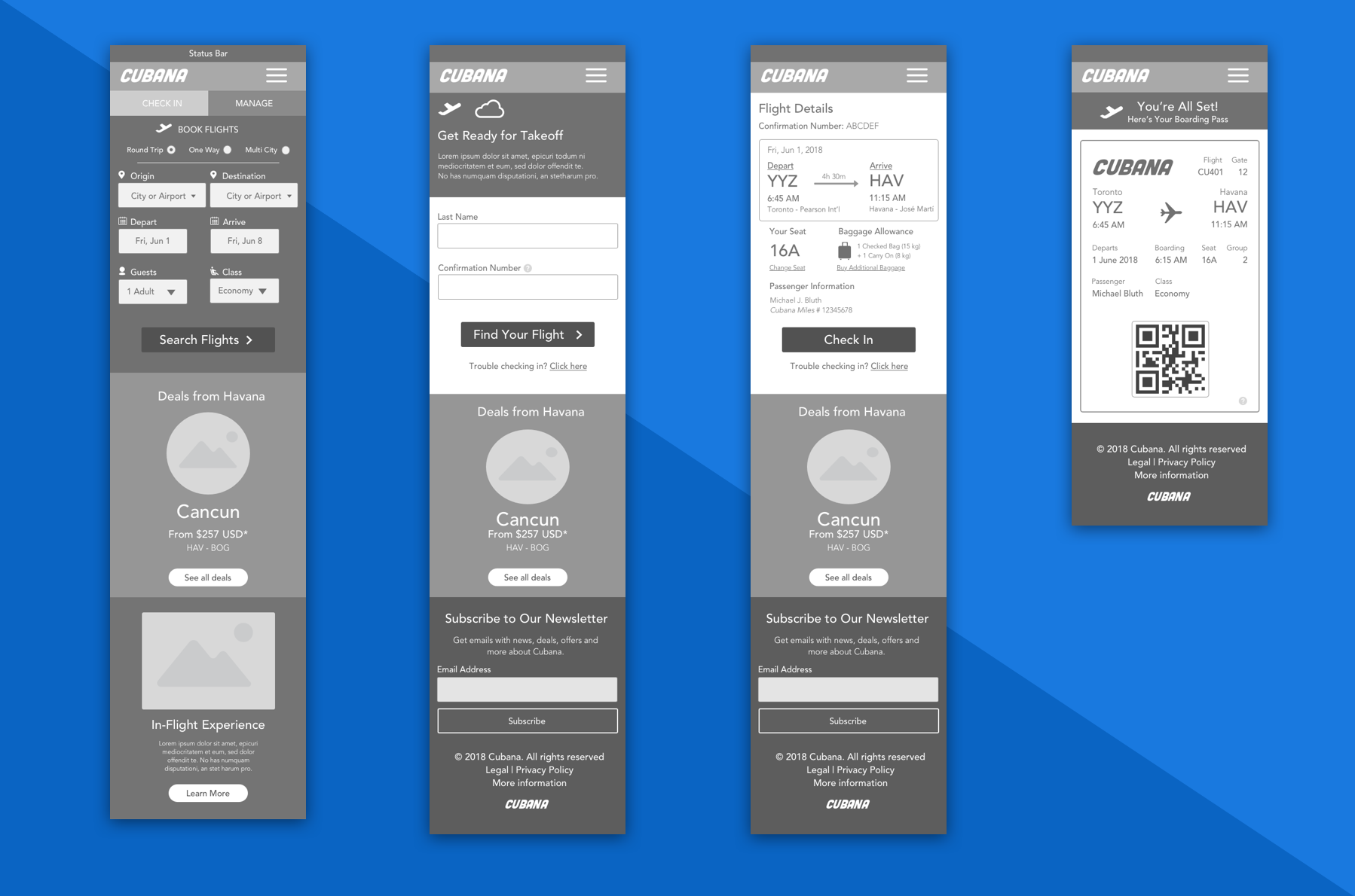 Selection of Wireframes for Cubana's Mobile Prototype