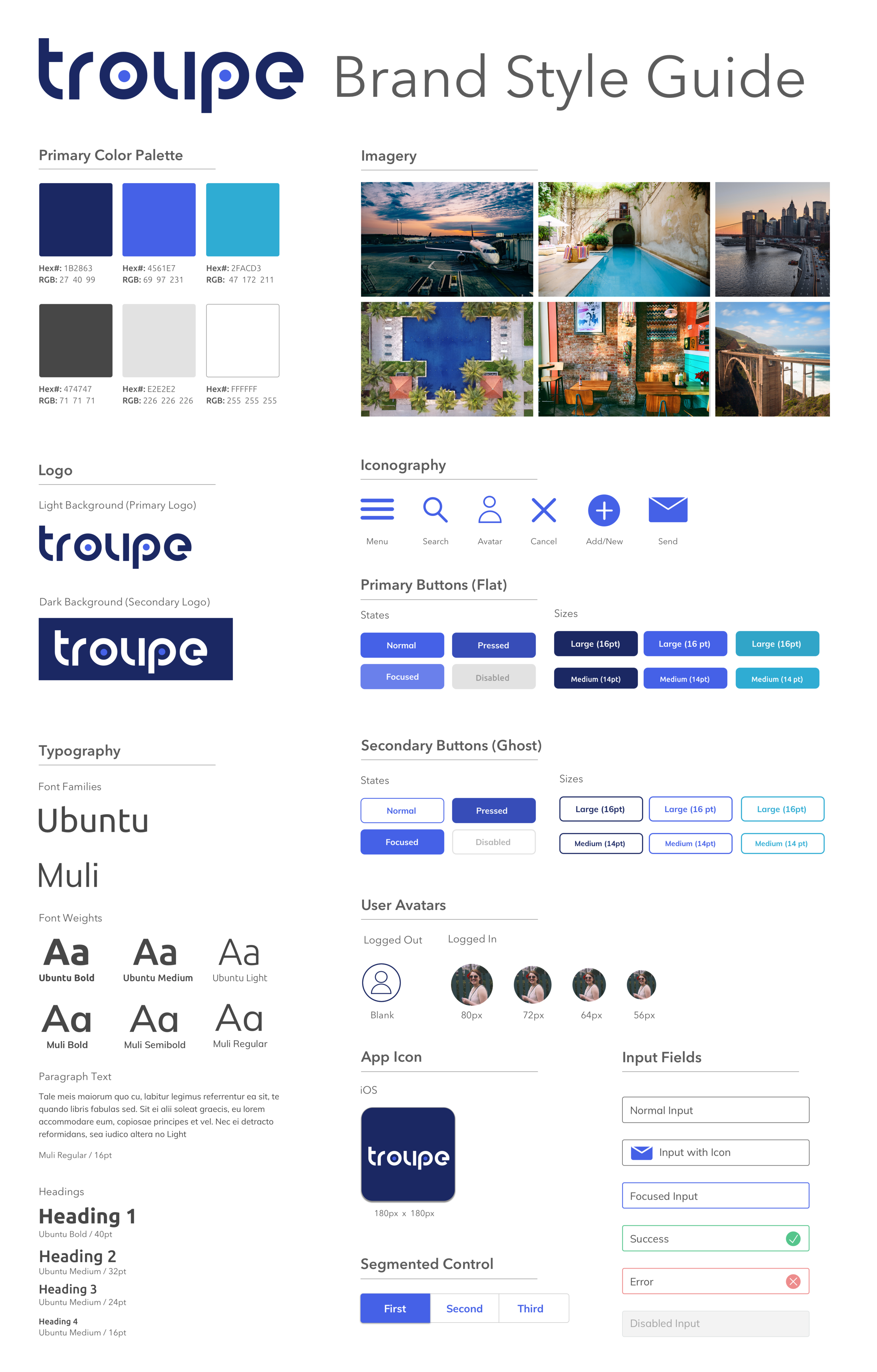 Style Guide for the Troupe brand, including some key UI elements