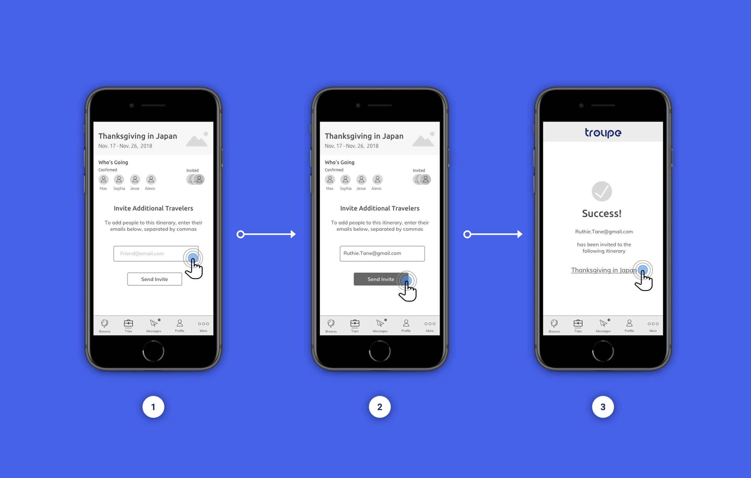 Task flow for inviting a new traveler to an existing intinerary