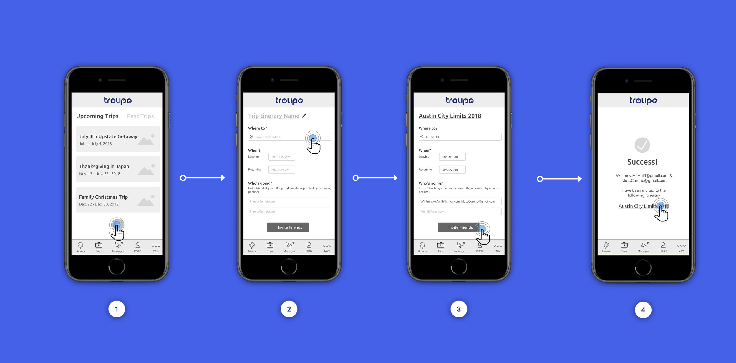 Task flow for creating a new itinerary to share with friends