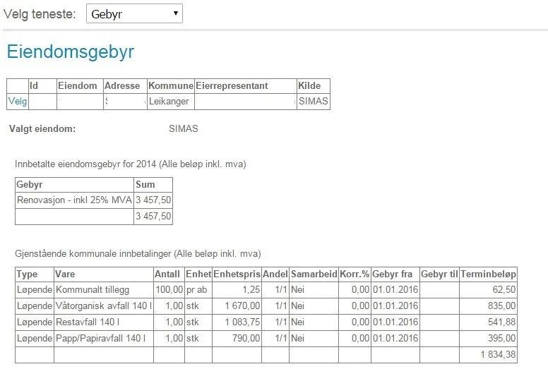 Slik ser modulen "eiendomsgebyr" ut på Mi side. Du vel andre moduler øvst i tenestemenyen.