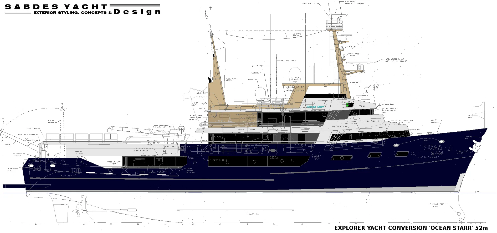 SABDES DESIGN's EXPLORER YACHT CONVERSION PROPOSAL of the 'Ocean Starr' - Overlay profile showing lines of the original vessel.