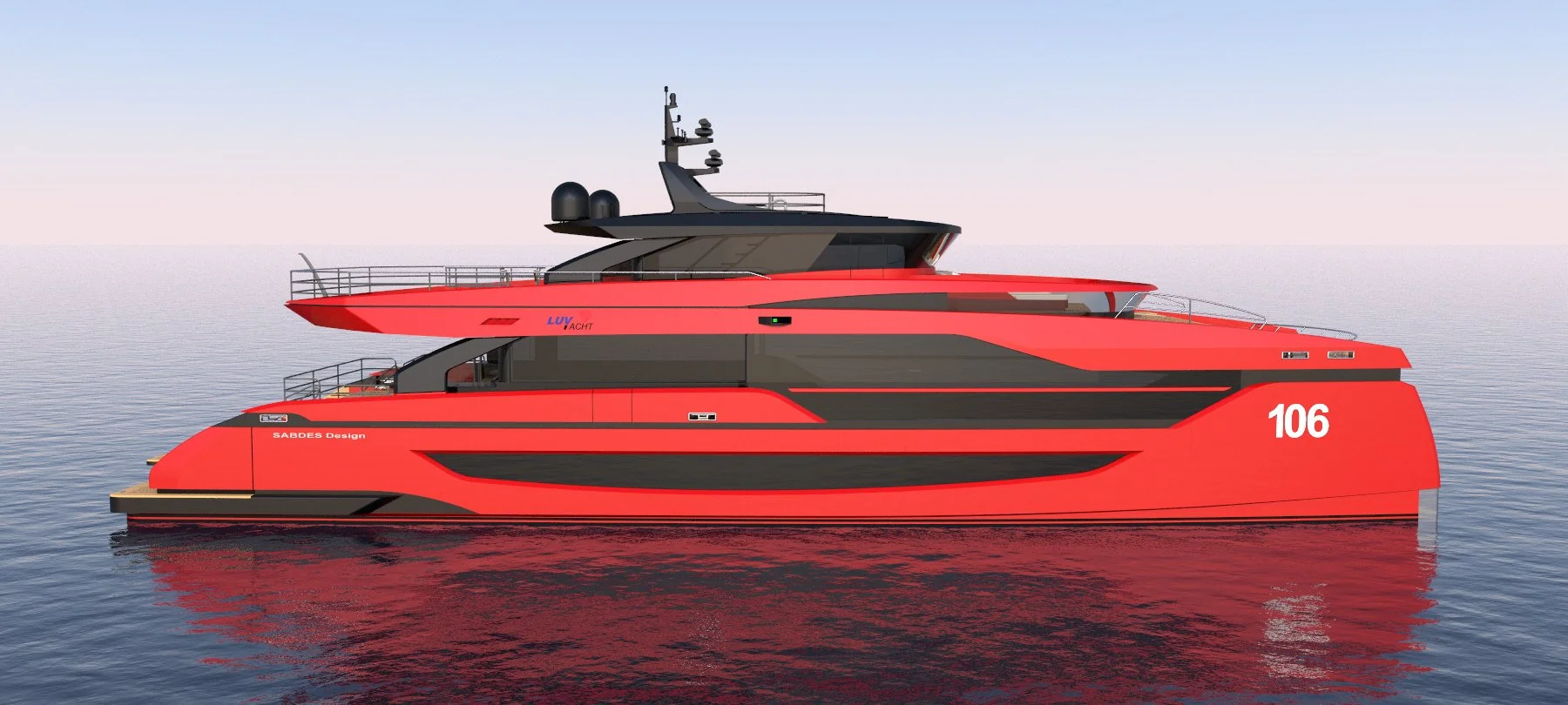   LUV Yacht 106’ Cat    SABDES Design  developed this one hundred and six foot (32 metre)  ultra-cool Cat  concept for a well known Builder; this is a striking and modern design with great features, an interior with grand proportions, and some seriou