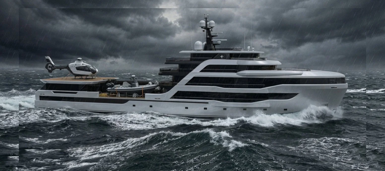   265' Explorer Yacht    SABDES Design  originally developed this Explorer Yacht for a well known builder; She’s impressive at  265’ (80m)  long over six decks. She has vast areas for storage of toys and tenders, mini subs, etc. And best of all, she 