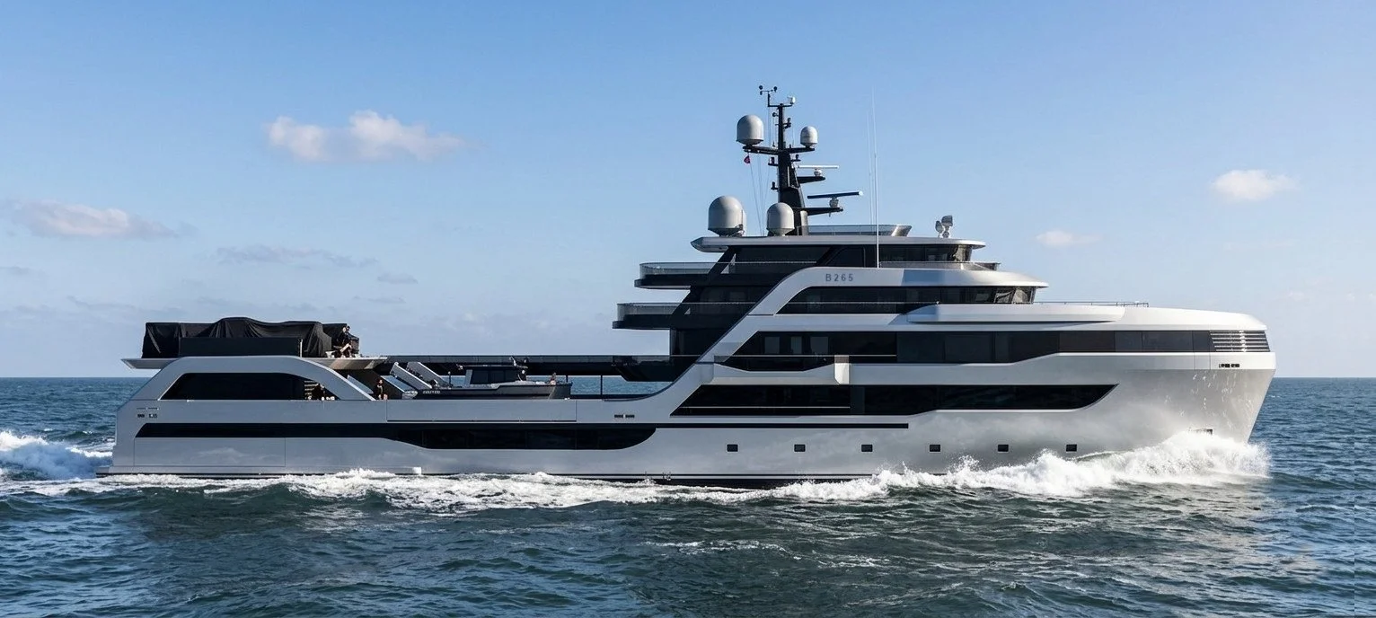   265' Explorer Yacht    SABDES Design  developed this Explorer Yacht concept for a client of a well known builder; She’s impressive at  265’ (80m)  long over six decks. She has vast areas for storage of toys and tenders, mini subs, etc. And best of 