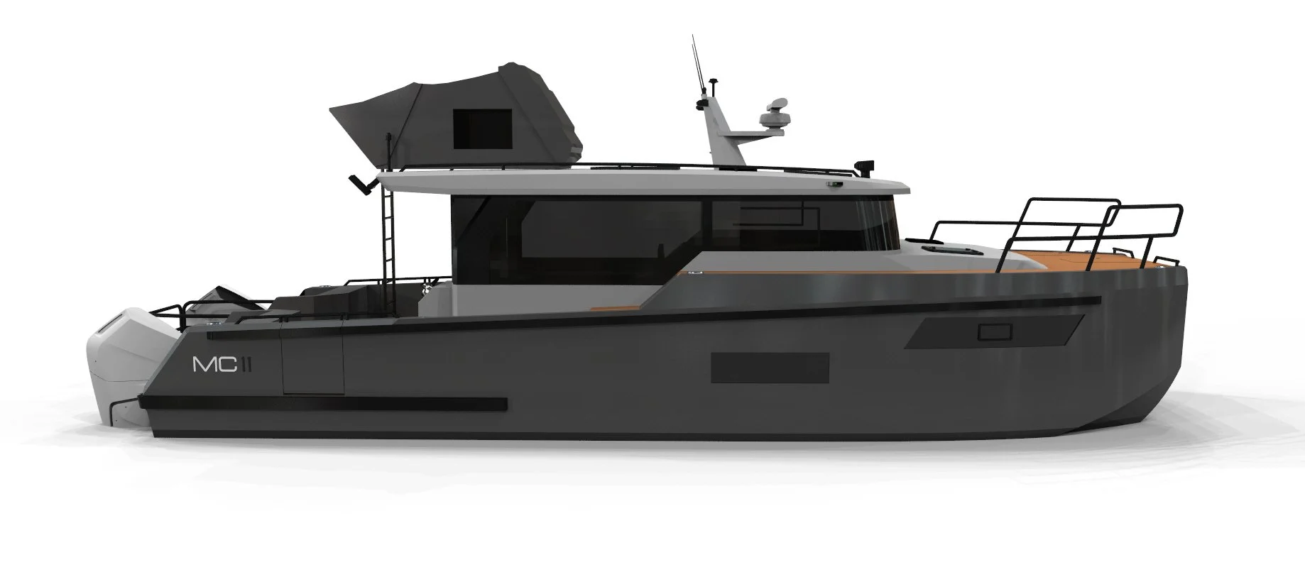   McConaghy Boats  teamed up with  Jutson Marine Design  and  SABDES Design  to create this awesome Explorer Cat of 11.6 metres (38ft) based on a proven Hydrofoil Supported Catamaran platform by Scott Jutson.  Currently in build at McConaghy, she was