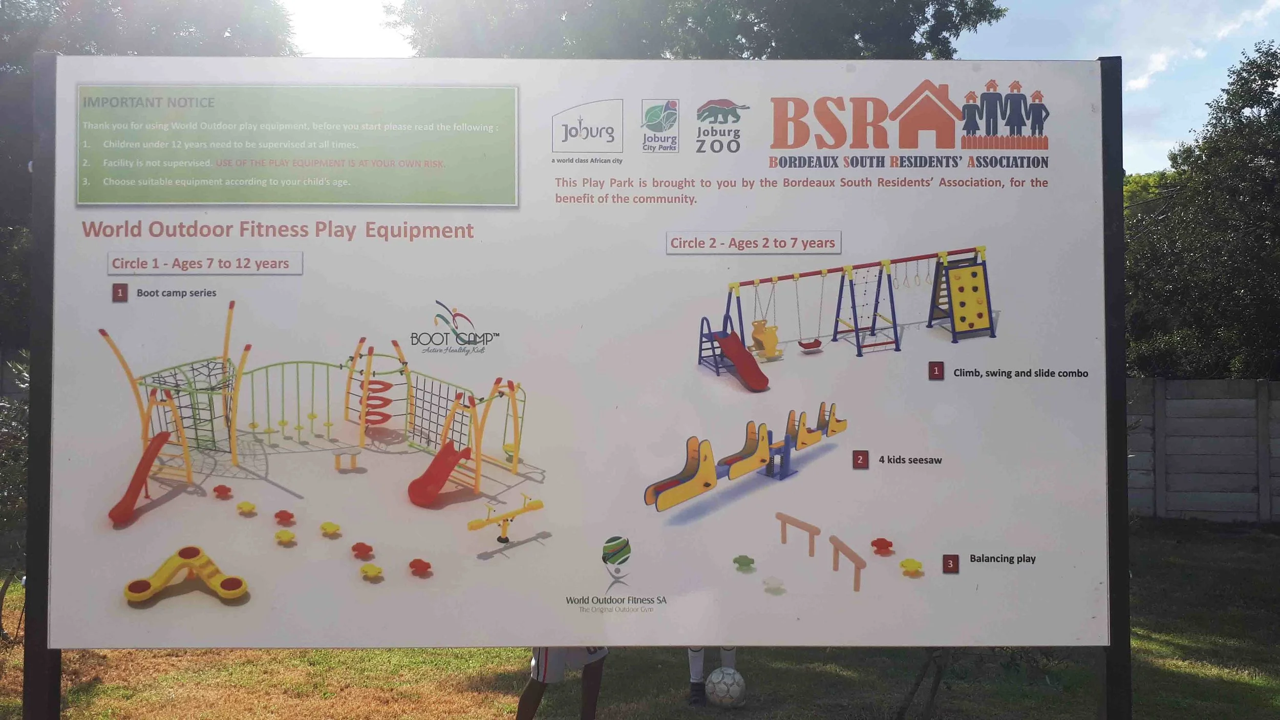 Signage indicates the appropriate ages for the play equipment