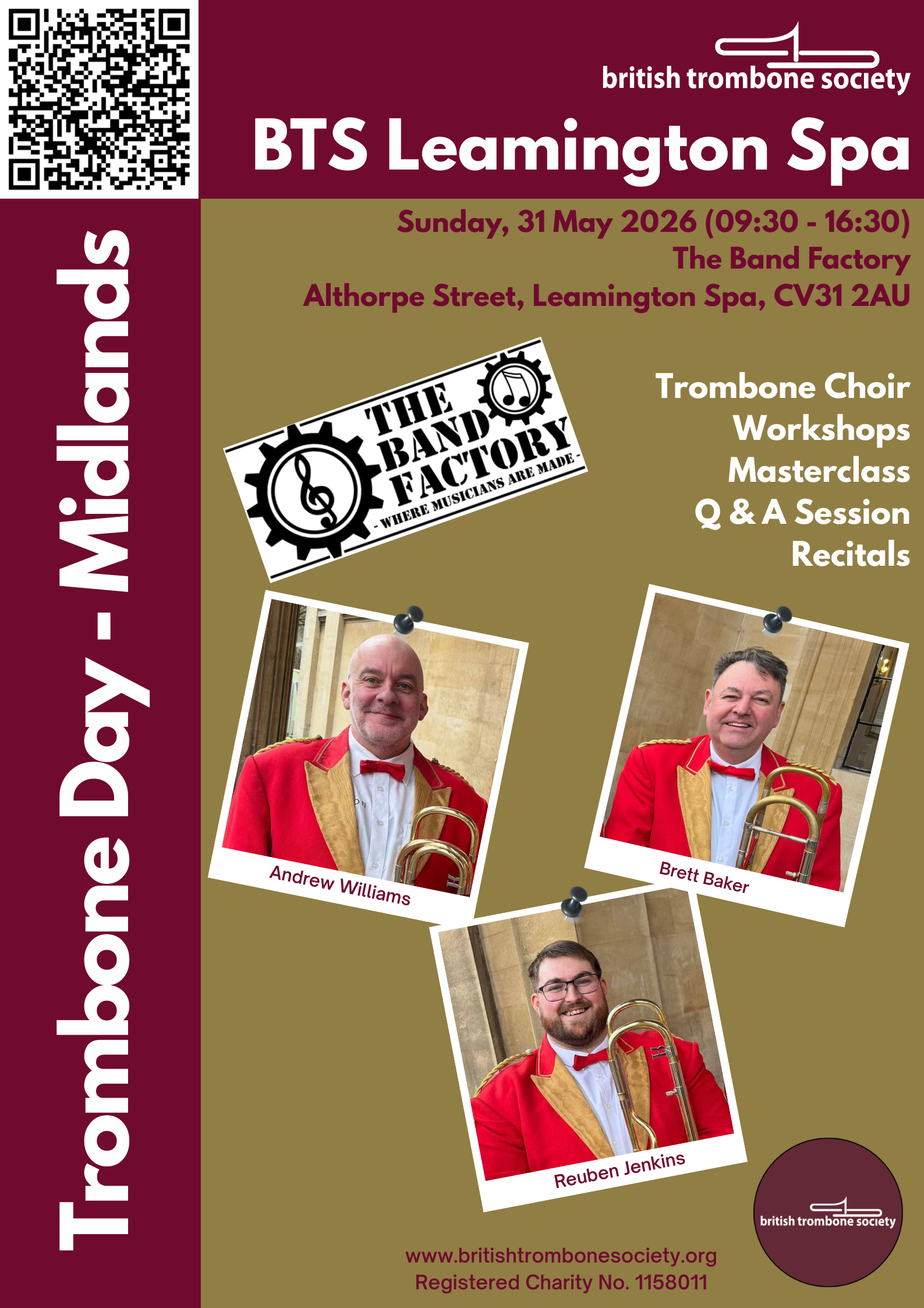Poster for the British Trombone Society event at Leamington Spa, featuring photographs of the Cory Band trombone section, along with event details and a QR code.