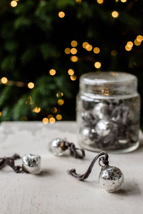 Silver baubles with glass jar — Joy Interiors