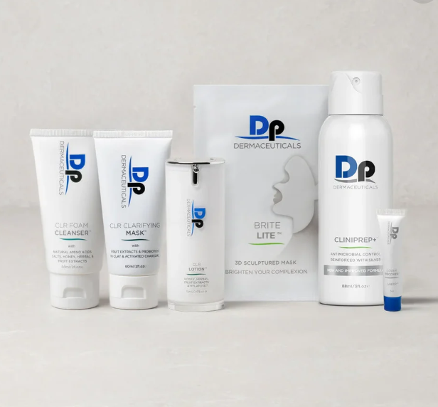 Various white coloured skincare bottles of acne skincare from Dermapen World Dermaceuticals acne skincare range.