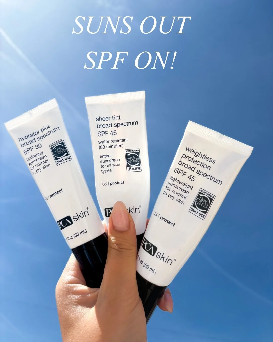Sun's out, SPF out !

Are you as excited as we are about this weather? Here's your reminder to protect your investment. All the work you've put into achieving glowing, healthy skin needs protecting too.

Our golden SPF rules:
1. Reapply every 2 hours