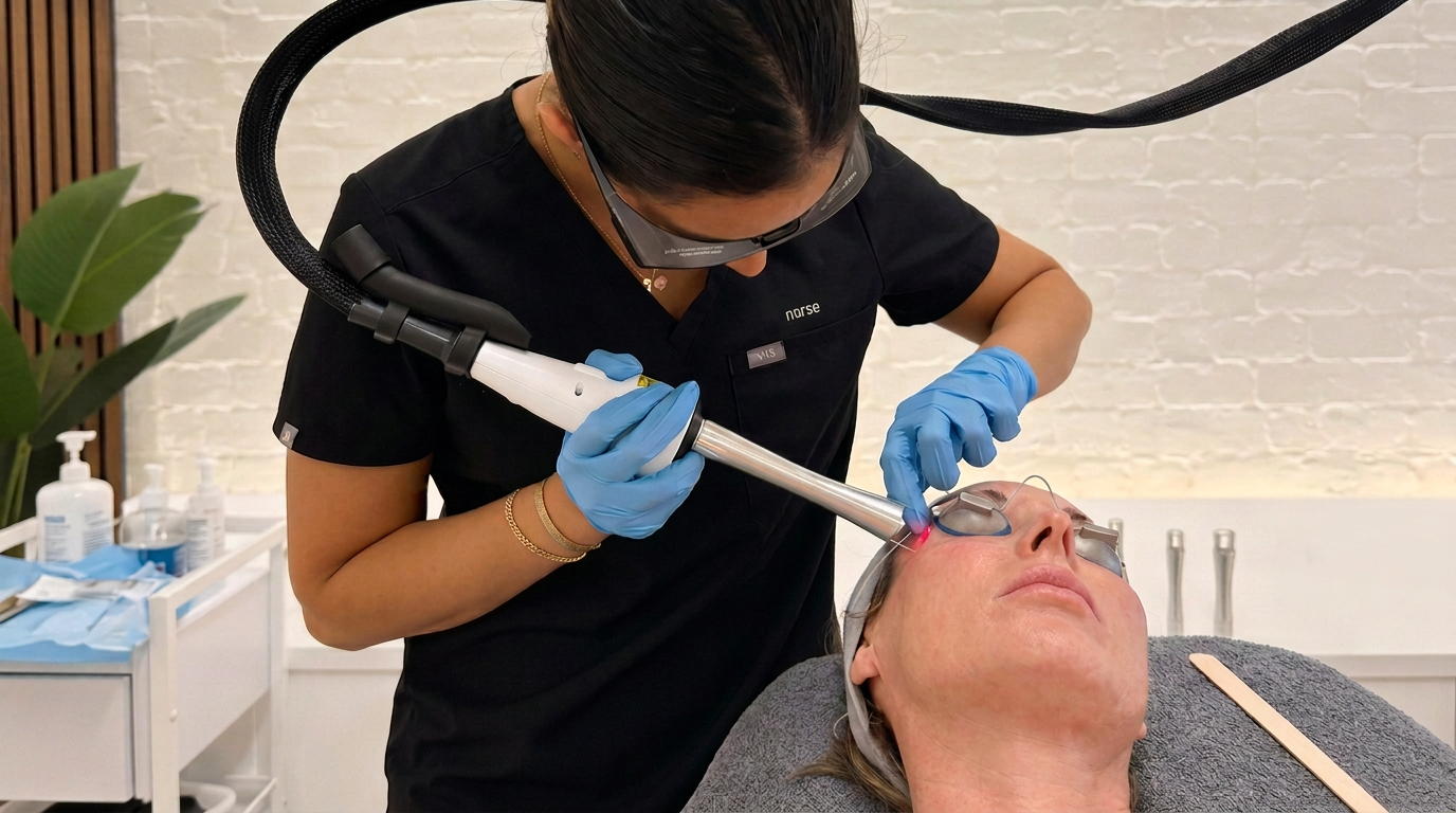 Female nurse holding ultraclear laser device handpiece against a female patient for laser resurfacing