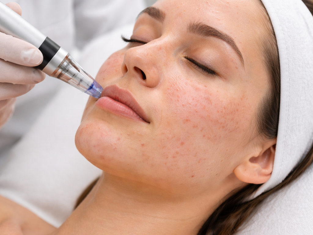 White woman receiving microneedling treatment on her face with acne and scarring