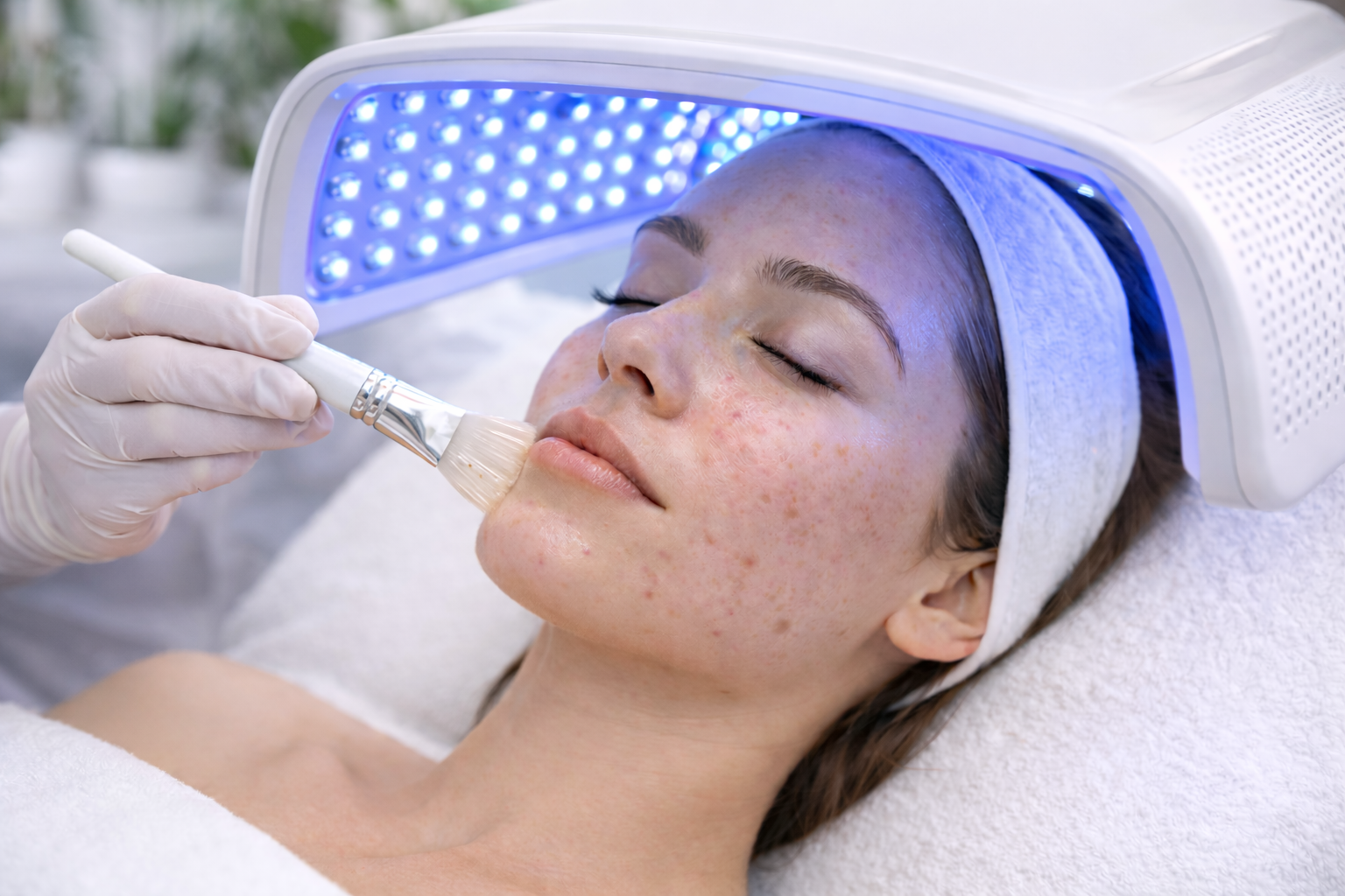 Woman with mild acne recieving a skin peel treatment and a blue led canopy over the top of her head.