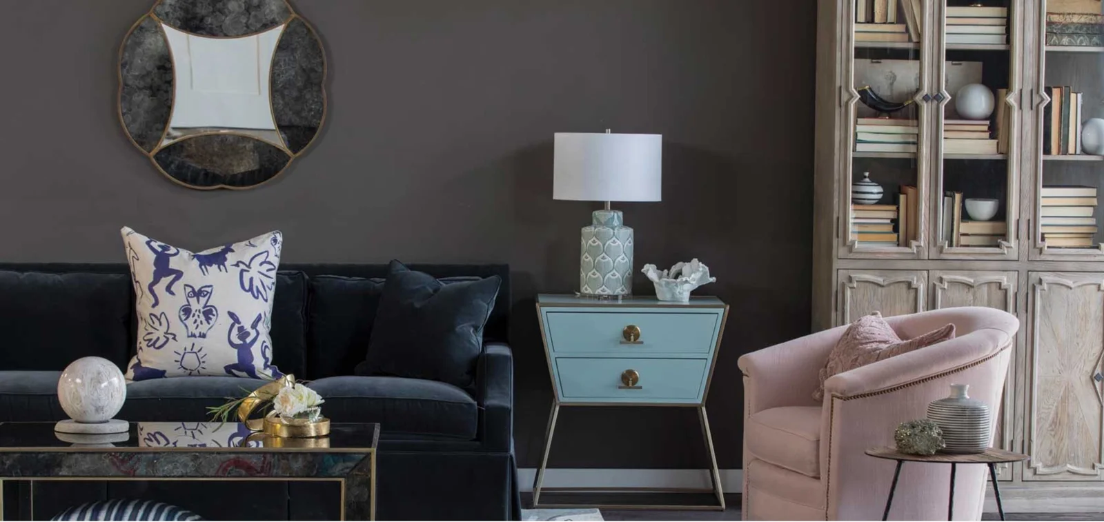 An moody, sleek design example of the Mid-Century Modern style from Gabby Interiors.