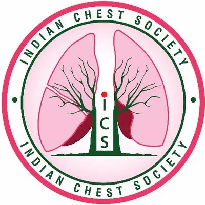 Logo of the Indian Chest Society featuring pink lungs with tree branches inside, encircled by green and pink text.