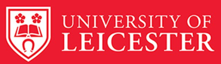 University of Leicester logo with red shield, open book, and white text