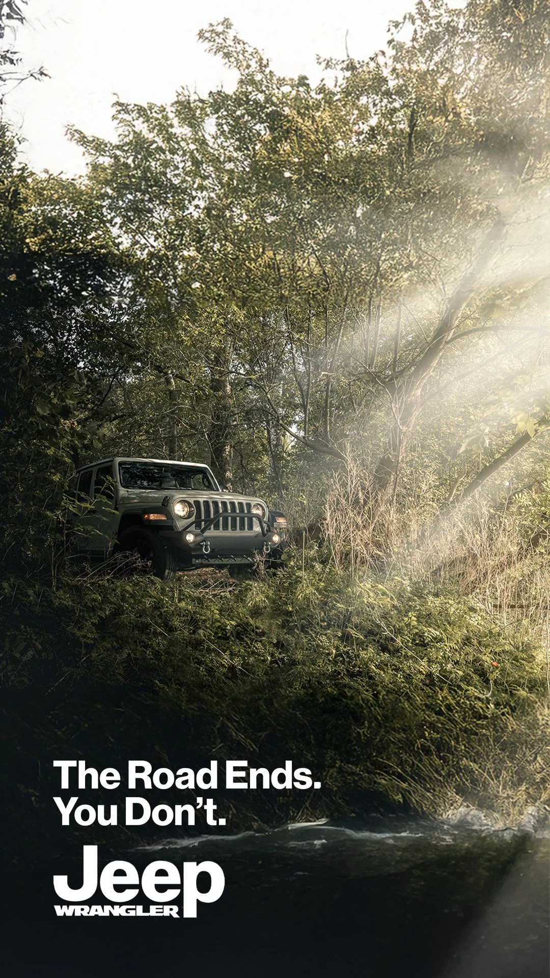 Jeep Wrangler driving through dense forest with no visible trail, headlights on, surrounded by undergrowth and fallen branches, automotive photography for The Road Ends You Don't campaign