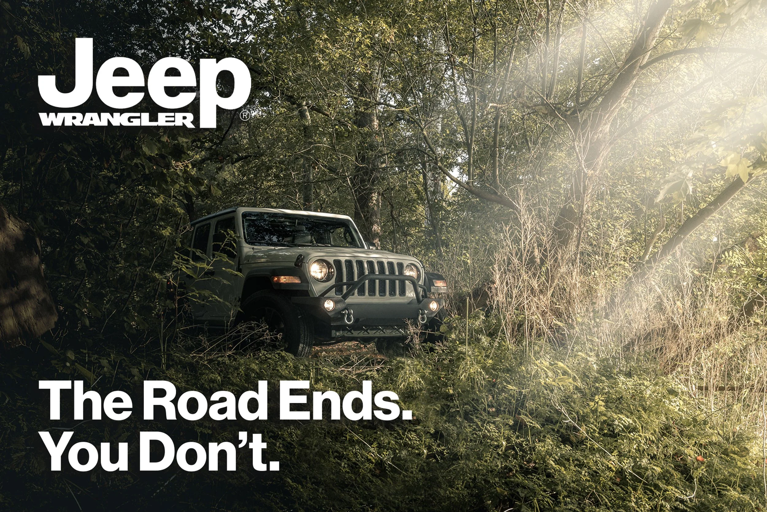 Jeep Wrangler driving through dense forest with no visible trail, headlights on, surrounded by undergrowth and fallen branches, automotive photography for The Road Ends You Don't campaign