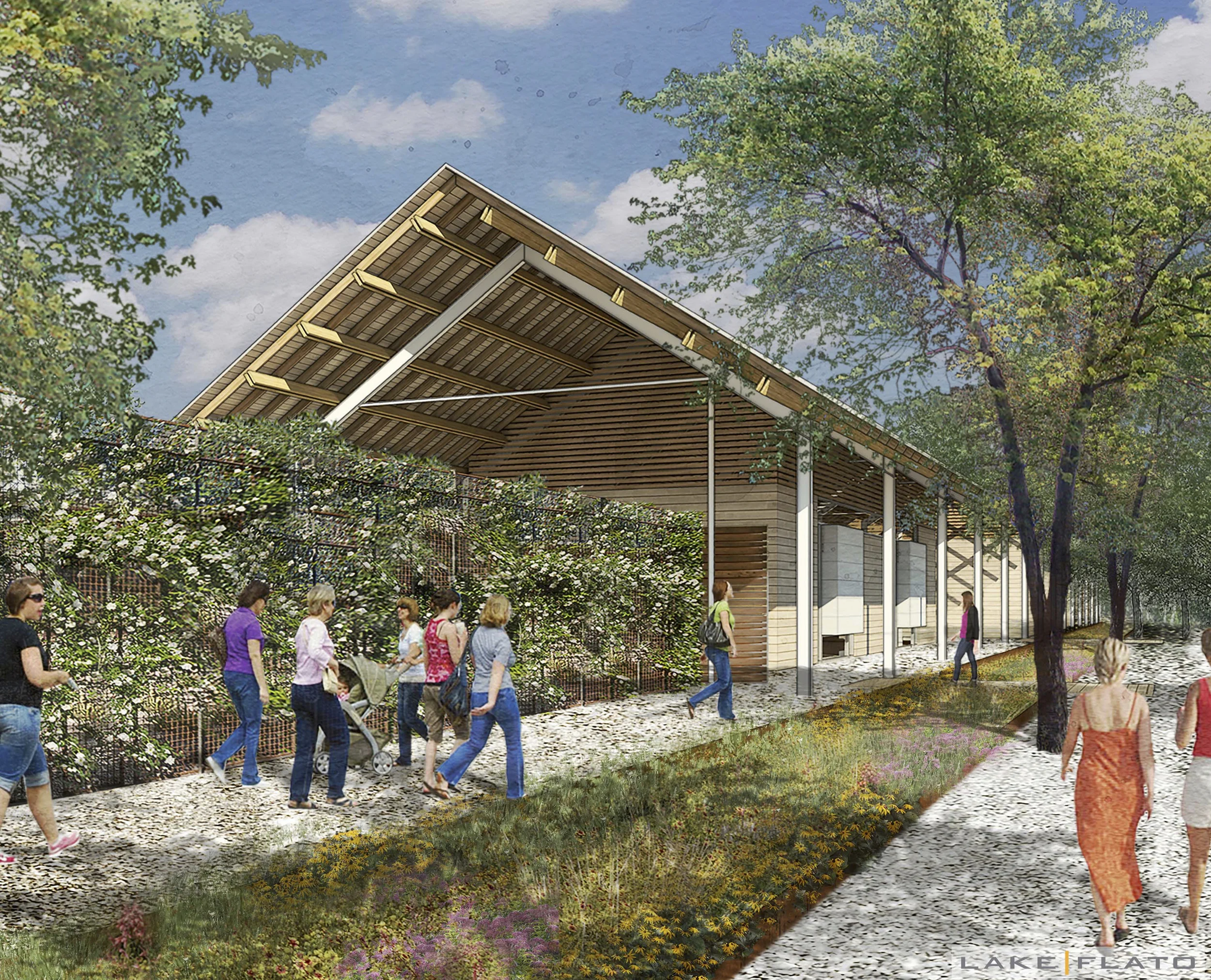 Guests approaching the visitor center from the parking area will walk along a "rhyne" that collects rainwater and get glimpses of some of the garden's many plantings.