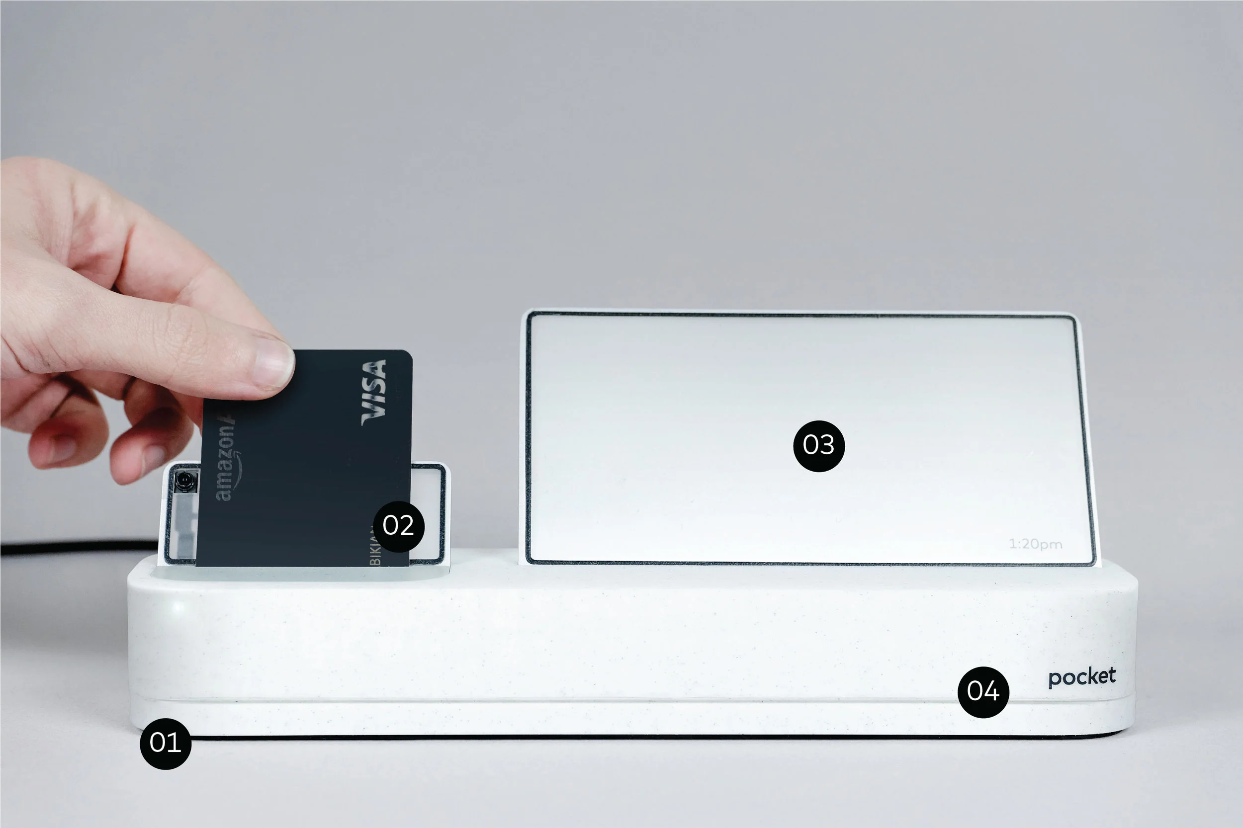 01. Non-slip interchangeable base. 02. Pocket Home - slides into Brick&Mortar upgrade 03. Transparent OLED Screen 04 . Discreet receipt printer slot.