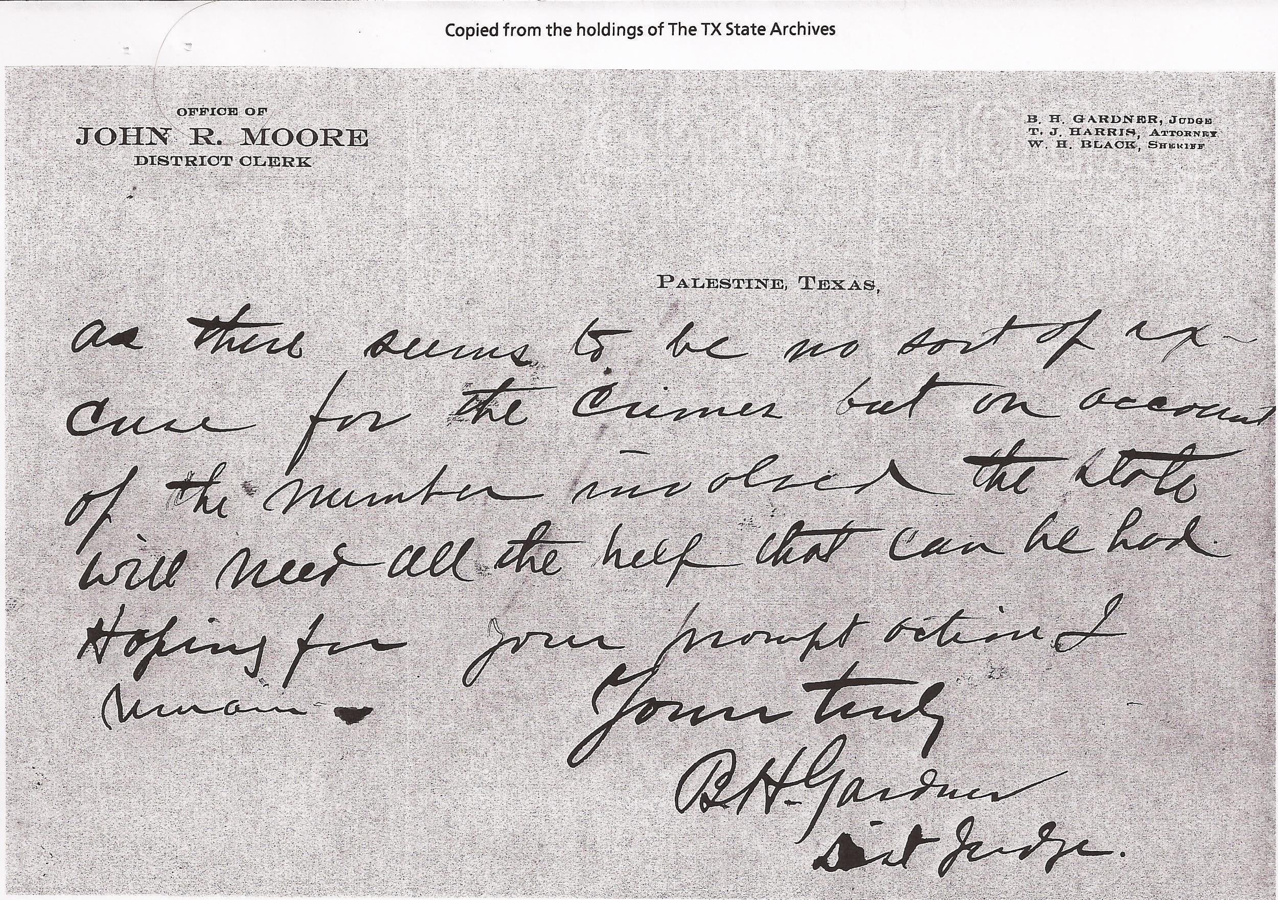  B.H. Gardner&nbsp;to Governor Campbell, August 4, 1910&nbsp;(Page 2) (Records, Texas Governor Thomas Mitchell Campbell. &nbsp;Archives and Information Services Division, Texas State Library and Archives Commission) 