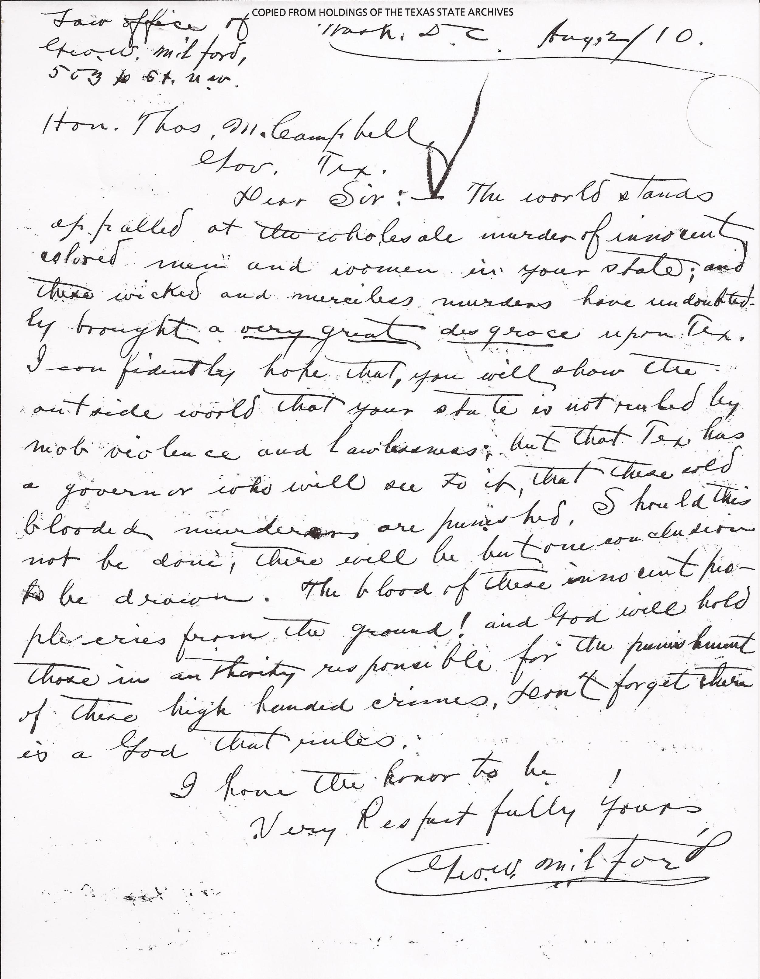  G. Milford to Governor Campbell, August 2, 1910&nbsp;(Records, Texas Governor Thomas Mitchell Campbell. &nbsp;Archives and Information Services Division, Texas State Library and Archives Commission)    