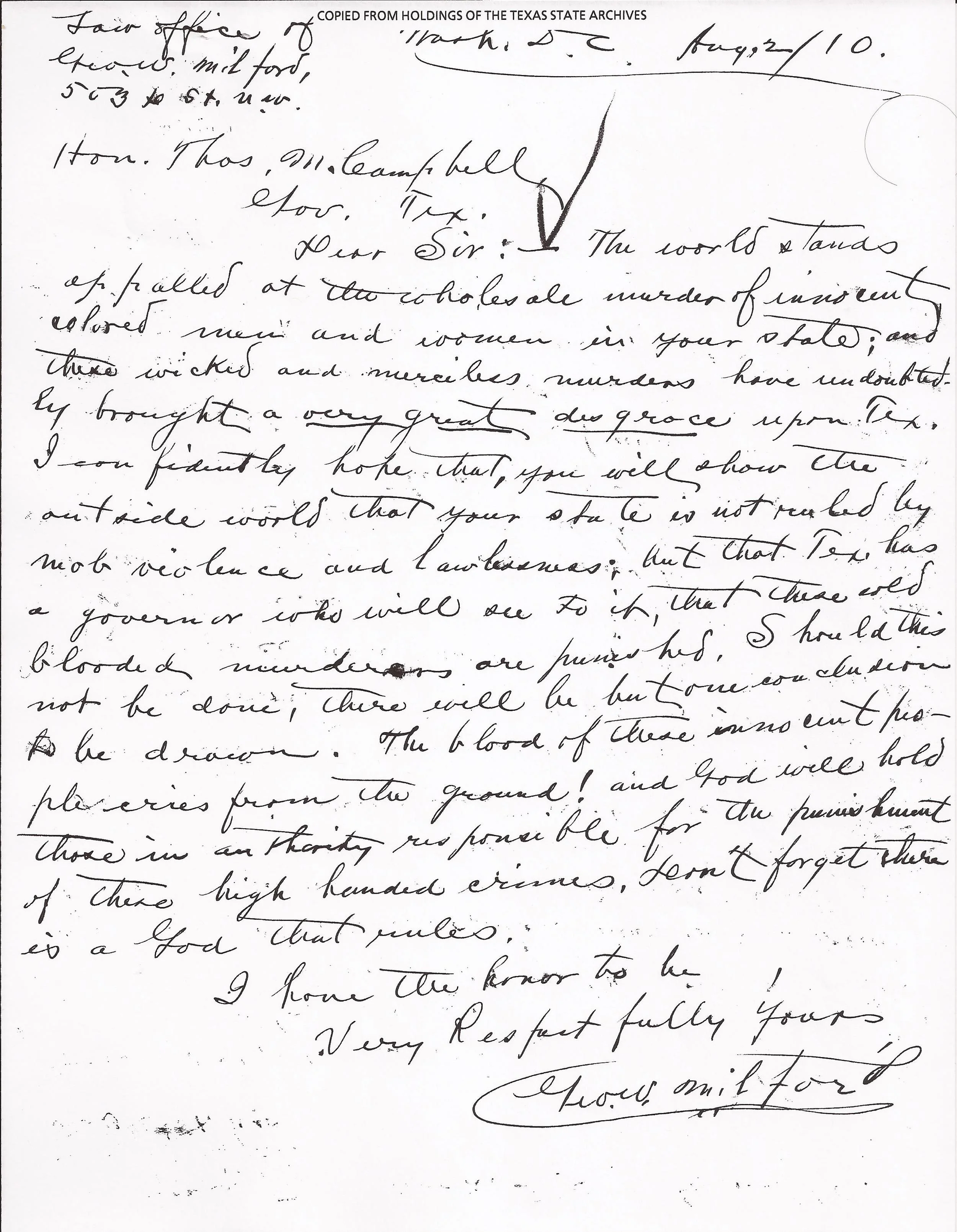 G. Milford to Governor Campbell, August 2, 1910 (Records, Texas Governor Thomas Mitchell Campbell. Archives and Information Services Division, Texas State Library and Archives Commission)