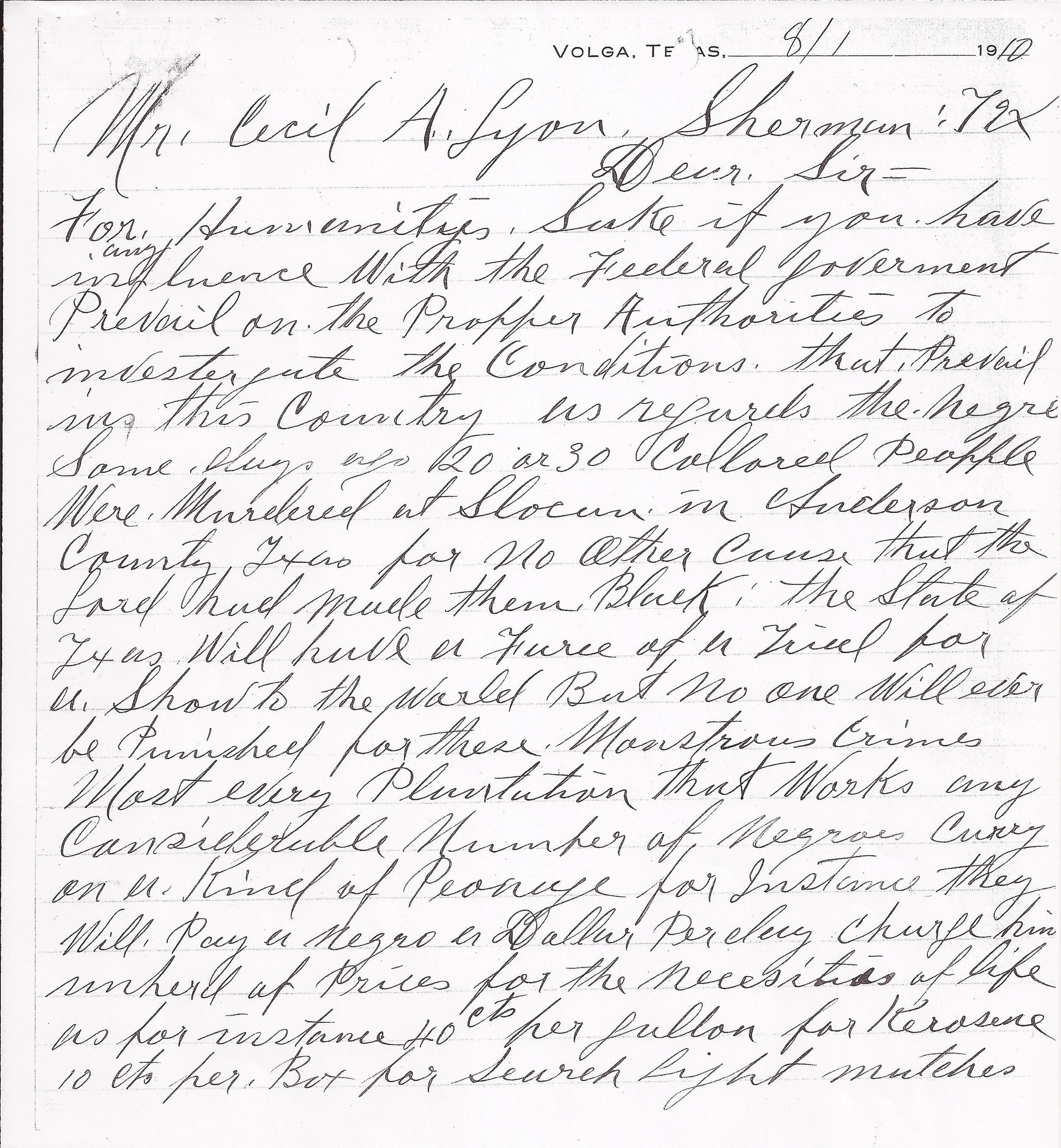  John A. Siddon to Cecil A. Lyon, August 1, 1910 (Page 1) (United States Department of Justice, file no. 152961, R.G. 60, 1910) 