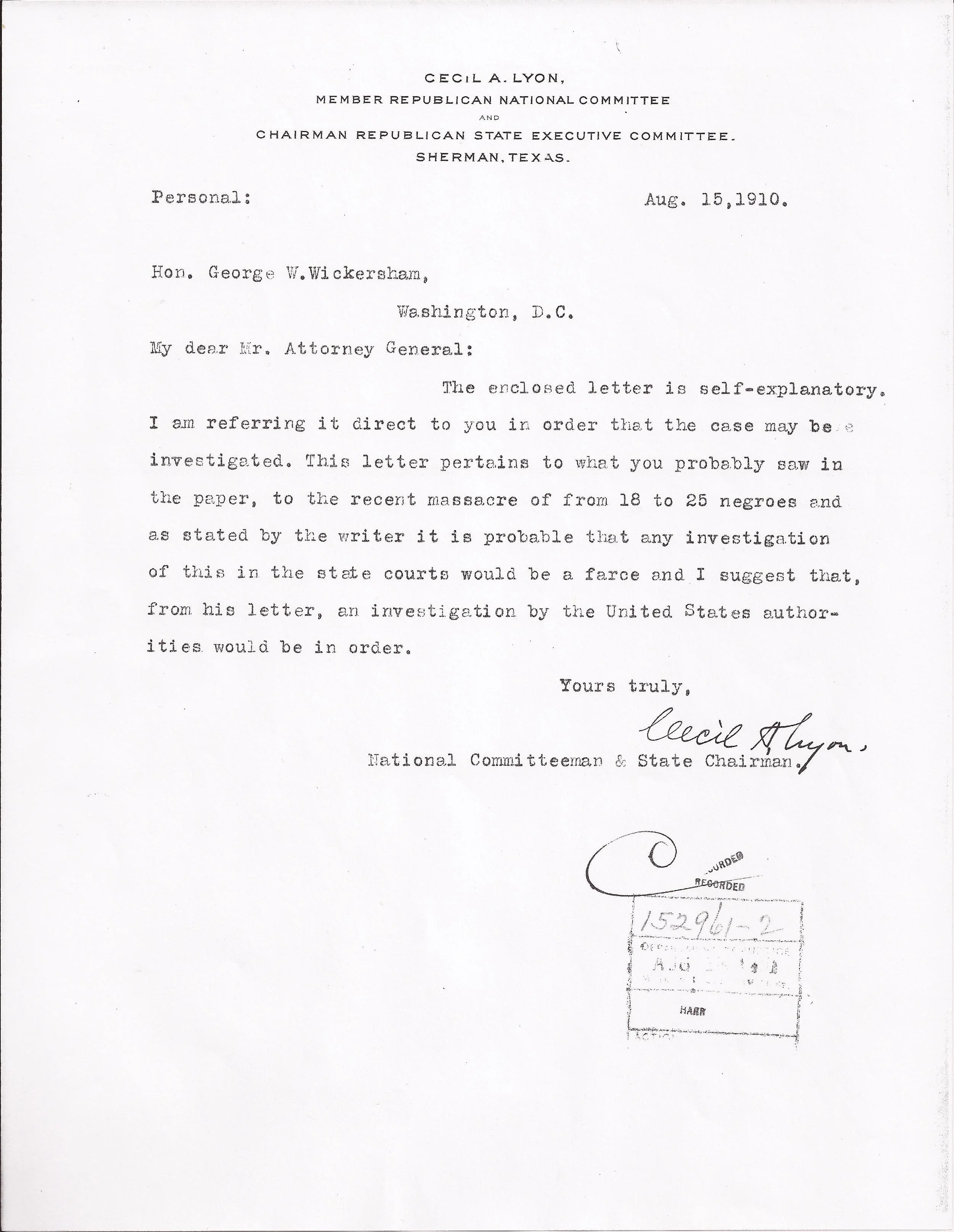 Cecil A. Lyon to George Wickersham, August 19, 1910 (United States Department of Justice, file no. 152961, R.G. 60, 1910)