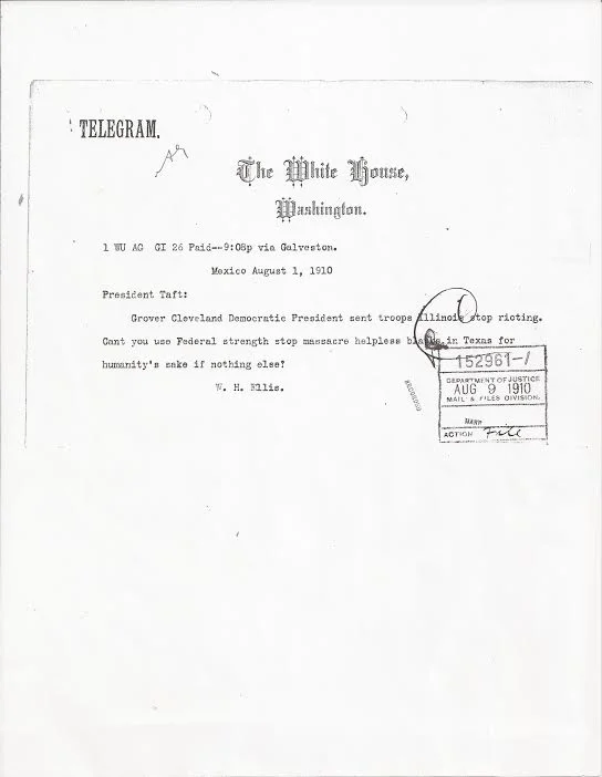 W.H. Ellis to President Taft, August 1, 1910 (United States Department of Justice, file no. 152961, R.G. 60, 1910)