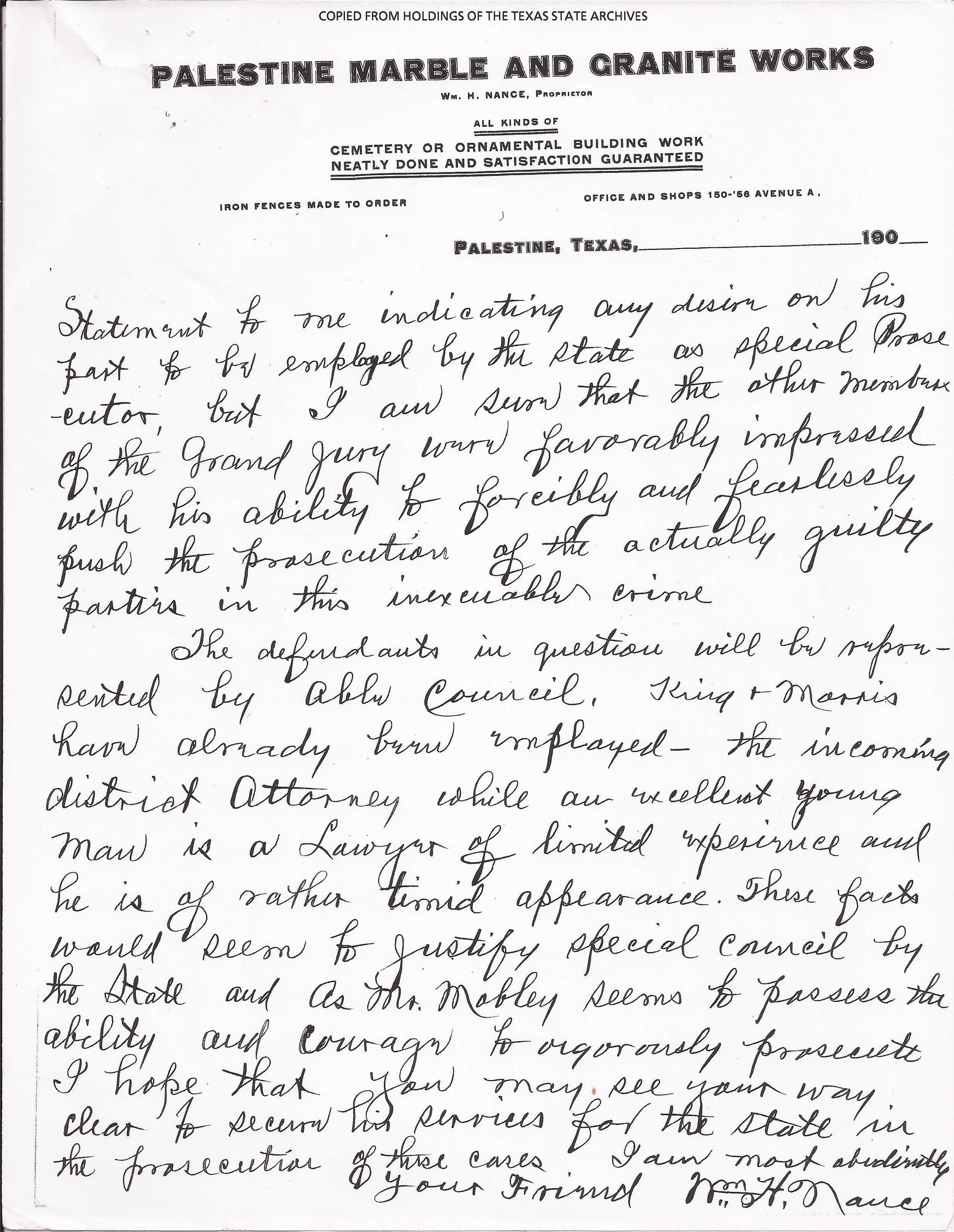  Jury Foreman's Letter, August 25, 1910 (Page 2) (Records, Texas Governor Thomas Mitchell Campbell. Archives and Information Services Division, Texas State Library and Archives Commission) 