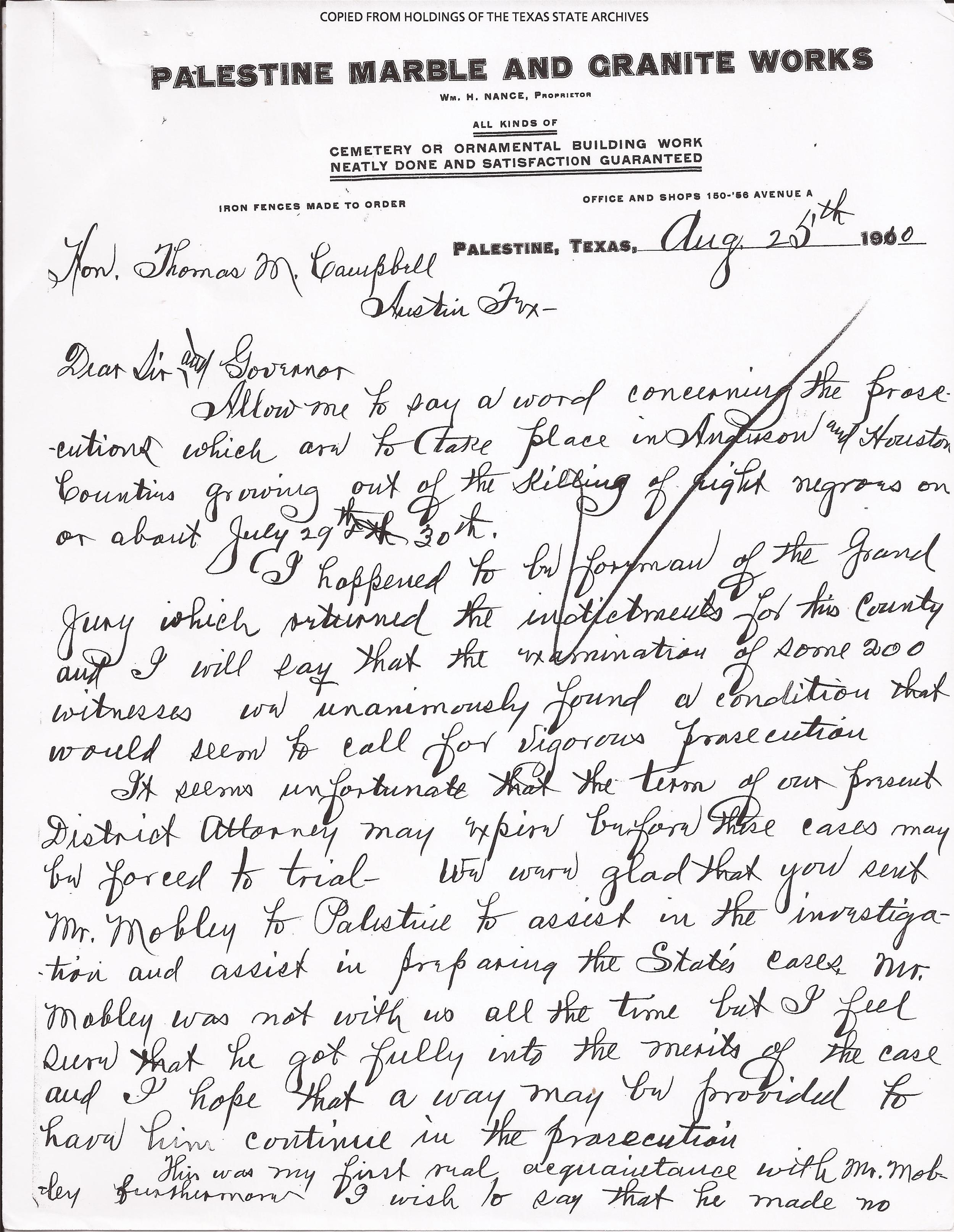  Jury Foreman's Letter, August 25, 1910 (Page 1)&nbsp;(Records, Texas Governor Thomas Mitchell Campbell. Archives and Information Services Division, Texas State Library and Archives Commission) 