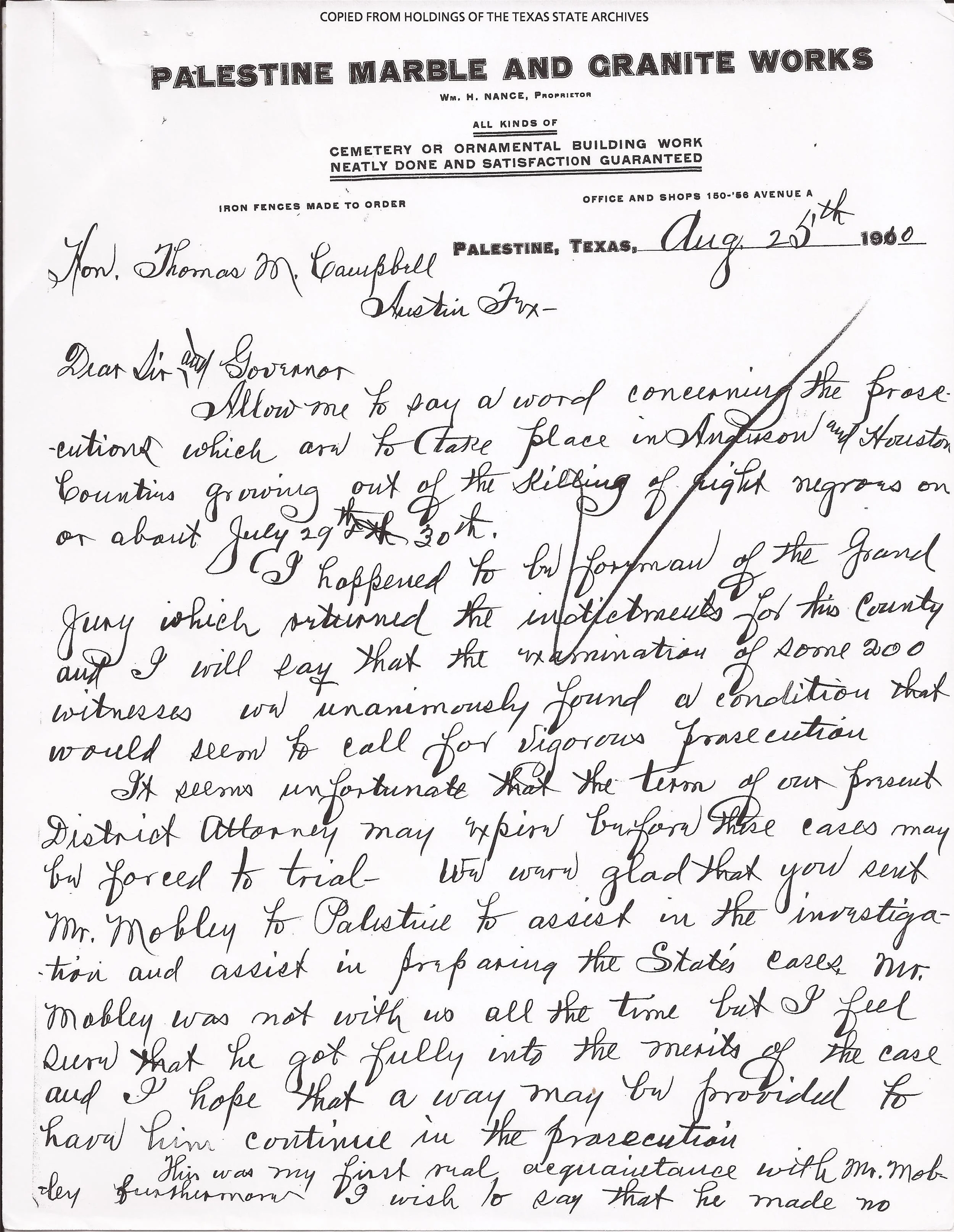 Jury Foreman's Letter, August 25, 1910 (Page 1) (Records, Texas Governor Thomas Mitchell Campbell. Archives and Information Services Division, Texas State Library and Archives Commission)