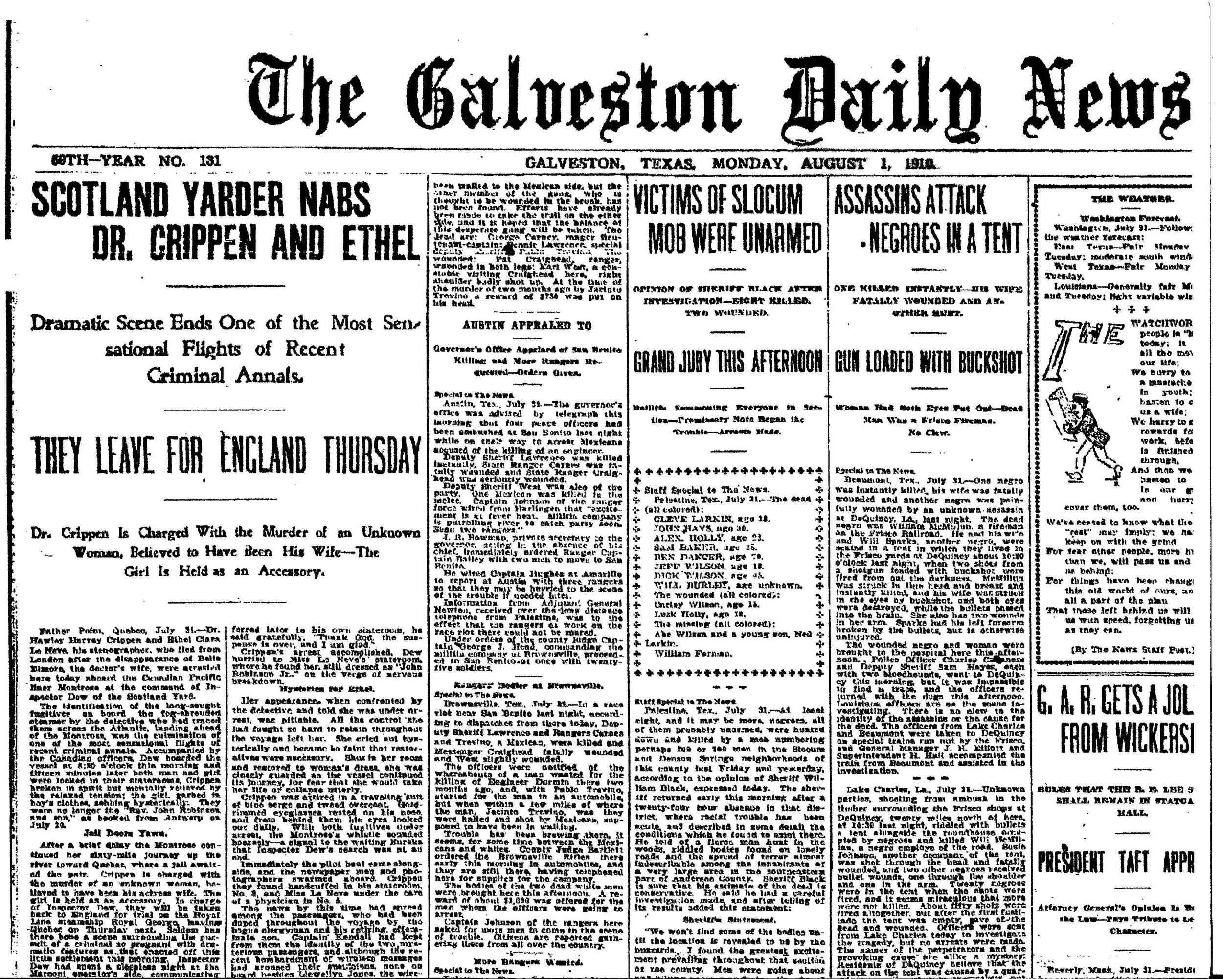  "Victims of Slocum Mob Were Unarmed" August 1, 1910 (Galveston Daily News) 