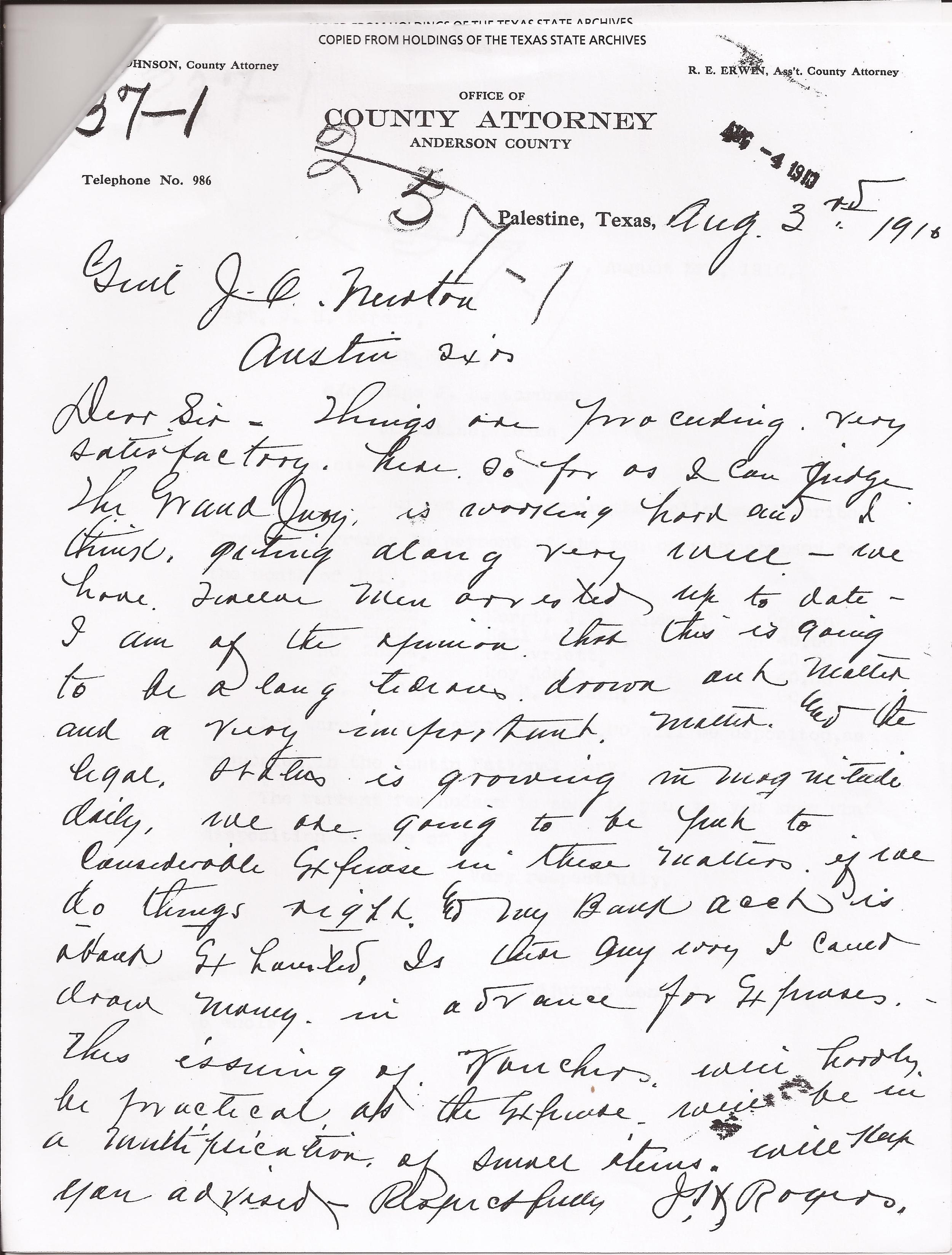  J.H. Rodgers Letter, August 3, 1910 (Company C, Ranger Force, Capt. J.H. Rogers, 1910, Ranger Force Military Rolls, Texas Adjutant General's Department. &nbsp;Archives and Information Services Division, Texas State Library and Archives Commission) 