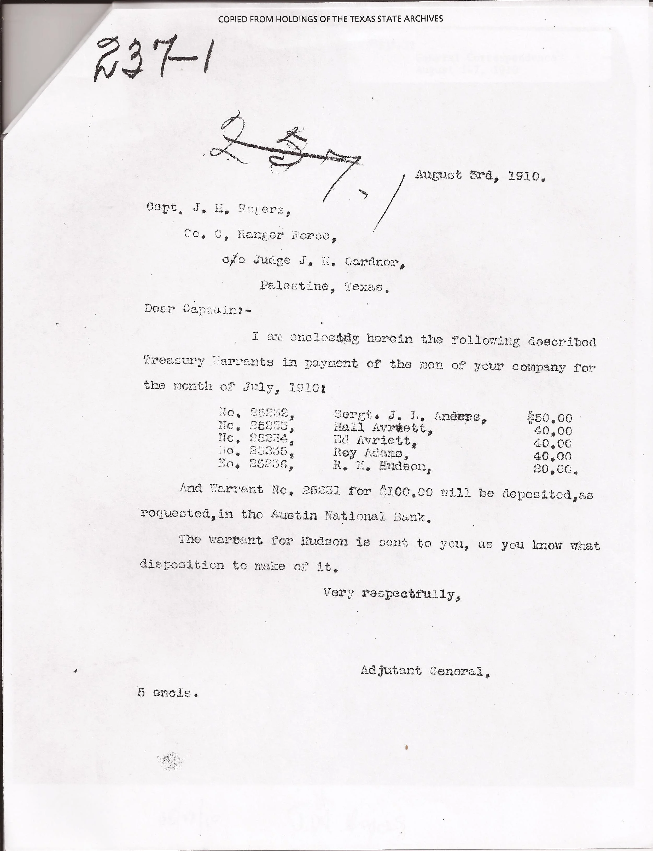 Ranger Payments, August 3, 1910 (Company C, Ranger Force, Capt. J.H. Rogers, 1910, Ranger Force Military Rolls, Texas Adjutant General's Department. Archives and Information Services Division, Texas State Library and Archives Commission)